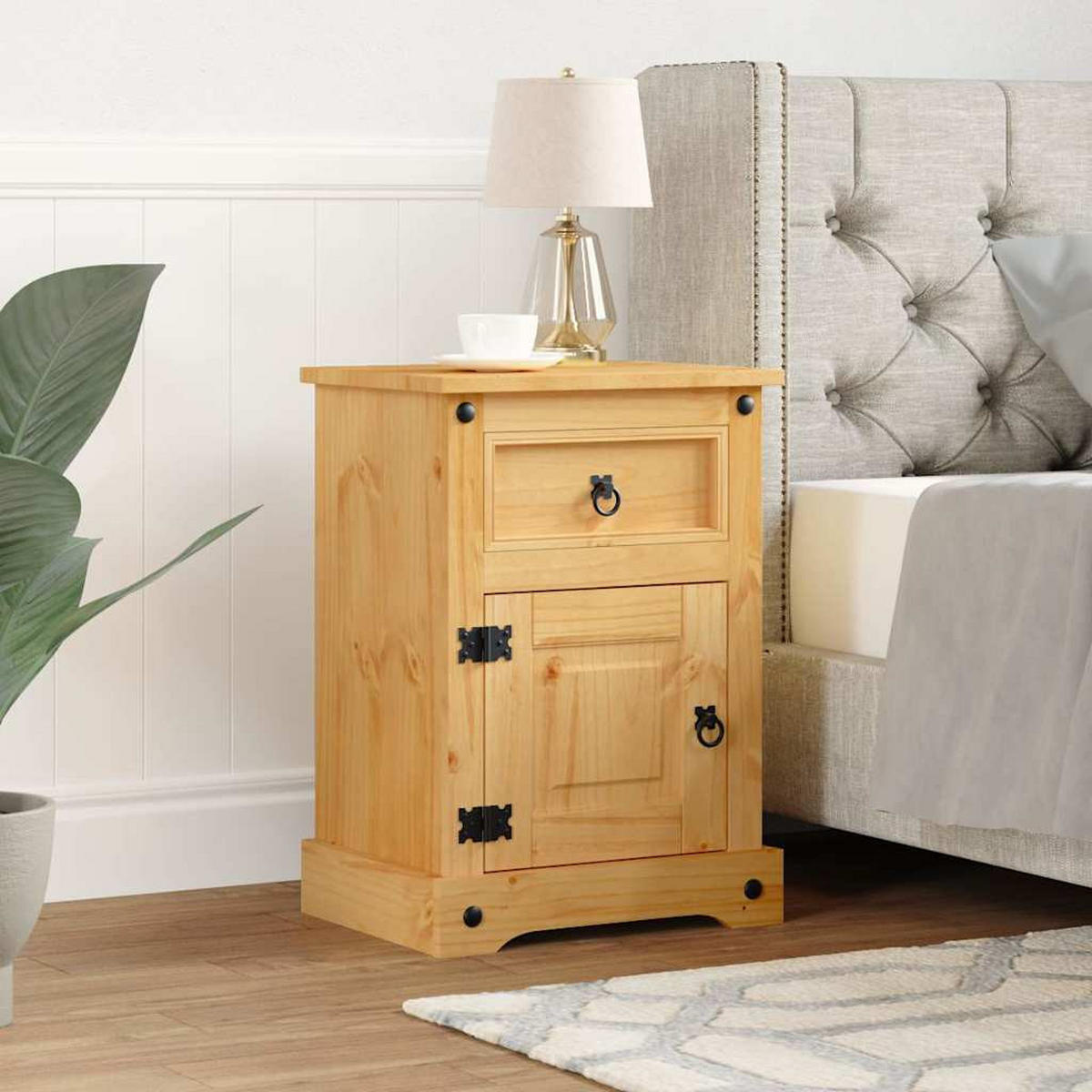 NACHTTISCH Im Mexiko-Stil mit 1 Schublade, 1 Tür 53/39/66 cm aus Massivholz Kiefer - Schwarz/Braun, Holz/Metall (53/66/39cm) - vidaXL