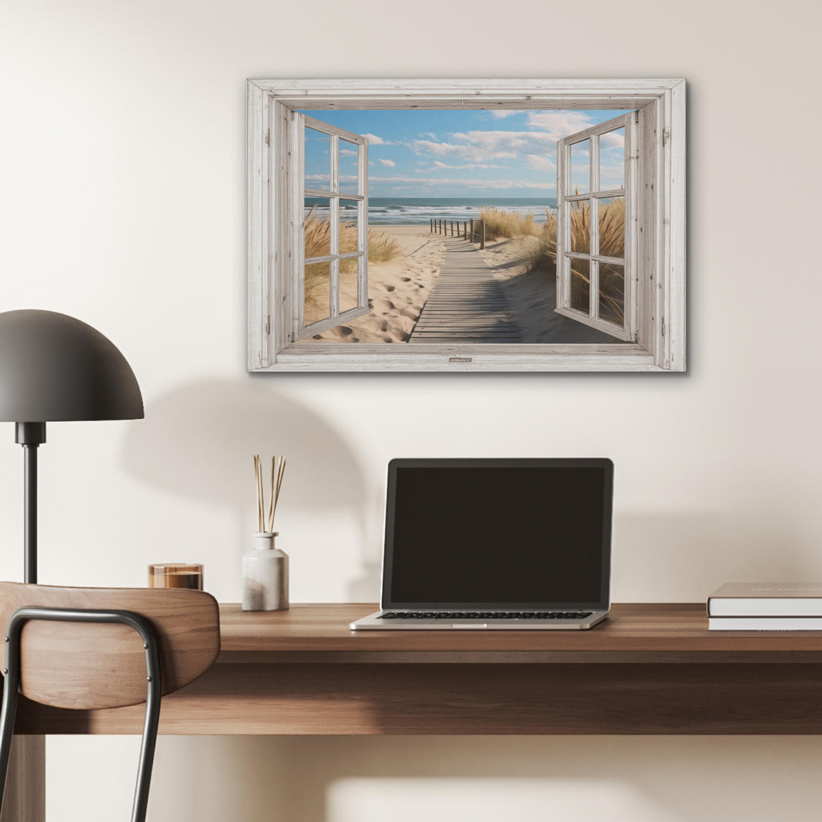 AKUSTIKBILD Fenster - Meer - Küste - Natur - Ausblick - Strand - Wattenmeer Wanddeko 70x50 cm - Beige, Kunststoff (70/50/0.9cm) - MuchoWow
