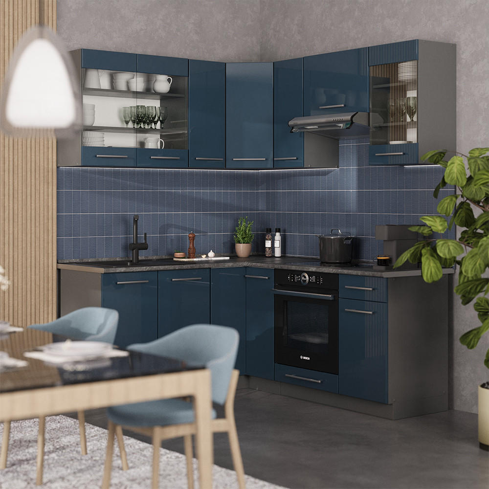 ECKKÜCHE Fame-Line Dunkelblau Hochglanz/Anthrazit 160 x 190 cm AP Anthrazit - Anthrazit/Dunkelblau, Holzwerkstoff (190/81.6/60cm) - Vicco