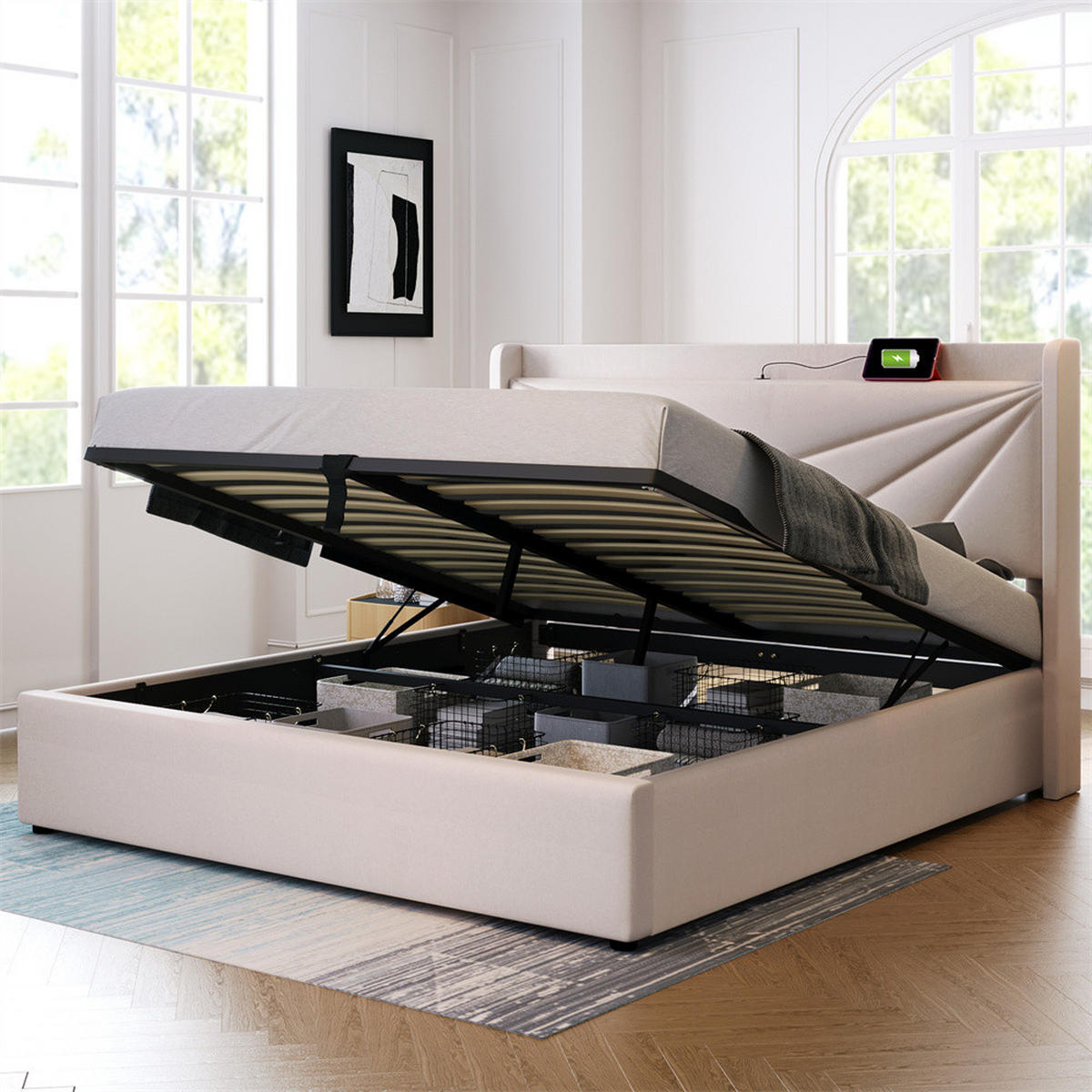 POLSTERBETT 180/200cm in Beige Leinen mit USB Typ C Ladefunktion Kopfteil - Beige, Holz/Textil (180/200cm) - KOMHTOM