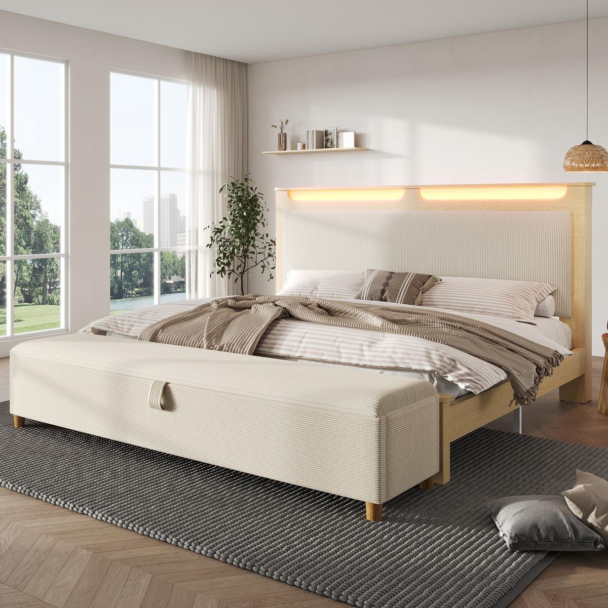 POLSTERBETT 160/200 cm mit LED-Beleuchtung, Kopfteil mit Stauraum und Bettbank, Beige - Beige, Holz (160/200cm) - Redom