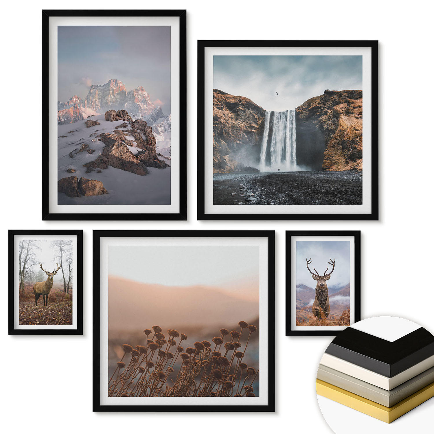 WANDBILDER 5er-Set - 50x50 cm & 20x30 cm & 40x60 cm Schwarzer Rahmen - Urlaub Palmen Wasserfall - Schwarz, Kunststoff (40/60cm) - ArtPrintCave