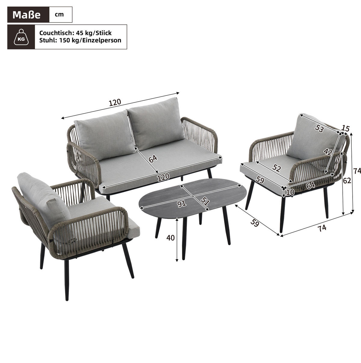 GARTENMÖBEL-SET 120/64/74 cm grau aus verzinktem Stahl und Polyester mit Kissen und Couchtisch - Grau, Textil - OKWISH