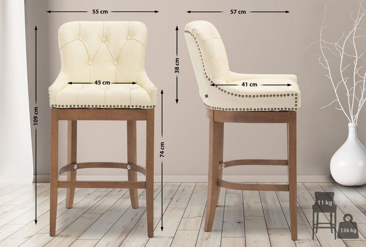 BARHOCKER Lakewood Massivholz 109x55x57 cm Creme - Creme, Leder (55/109/57cm) - furnicato