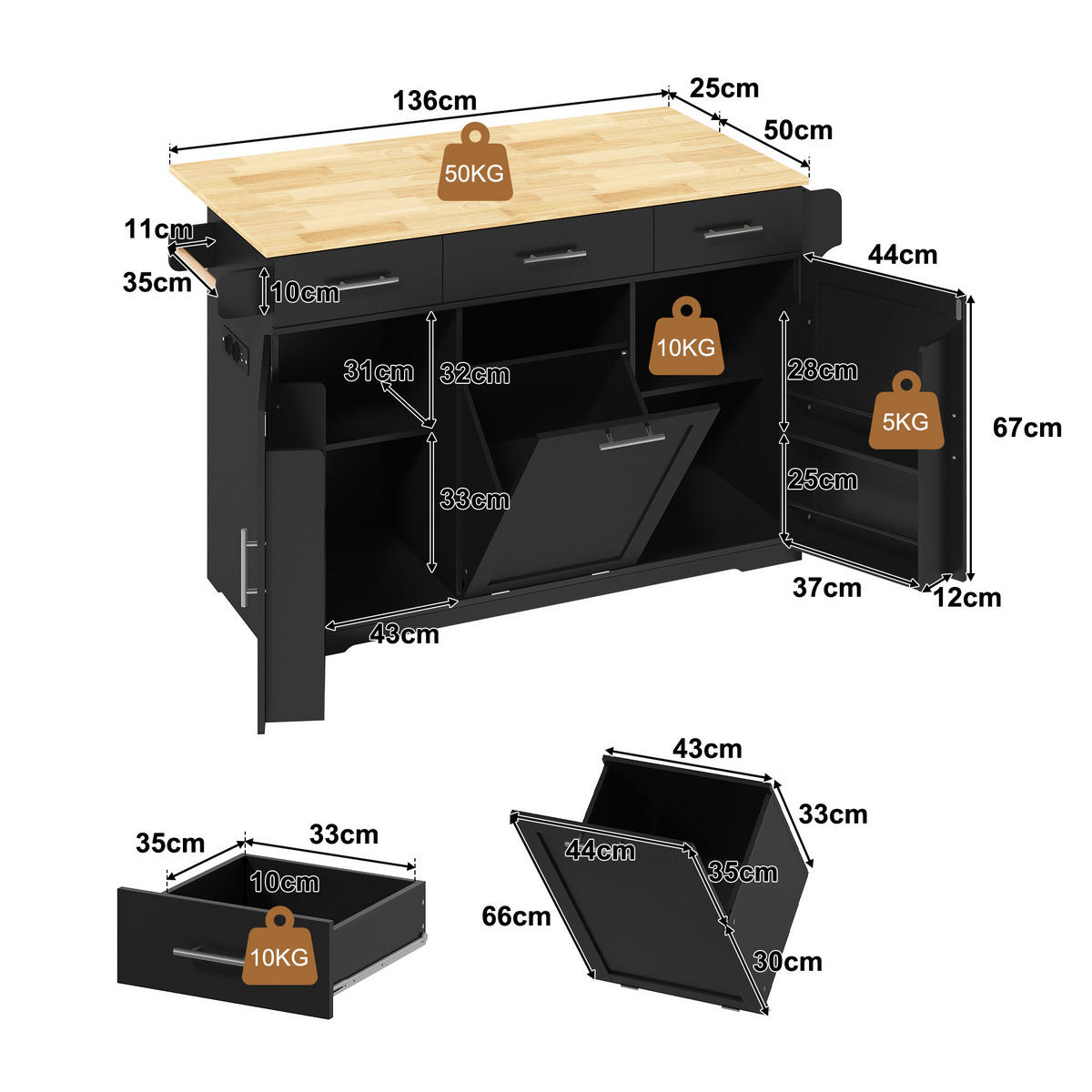 KÜCHENINSEL DE-41372 136/50-75/92 cm, klappbare Arbeitsplatte und Mülleimerschrank Schwarz - Schwarz, Holzwerkstoff (136/92/75cm) - ComfortXL