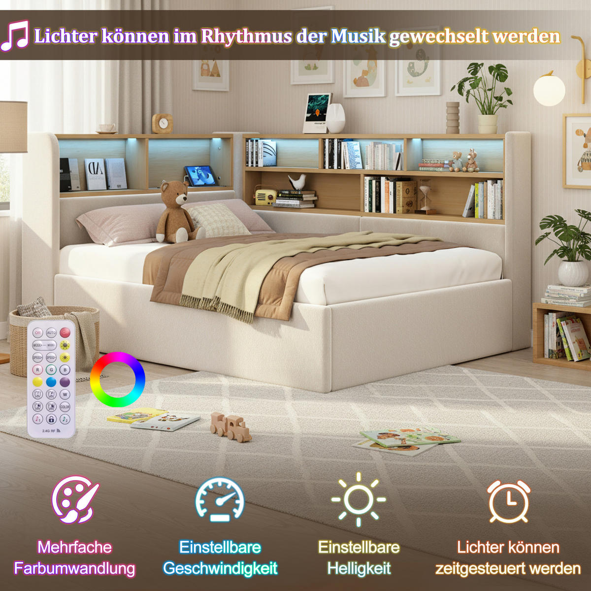 TAGESBETT 90/200 cm mit hydraulischem Stauraum, LED-Beleuchtung, USB- und Type-C-Anschluss, Samt, Beige - Beige, Textil (90/200cm) - Redom