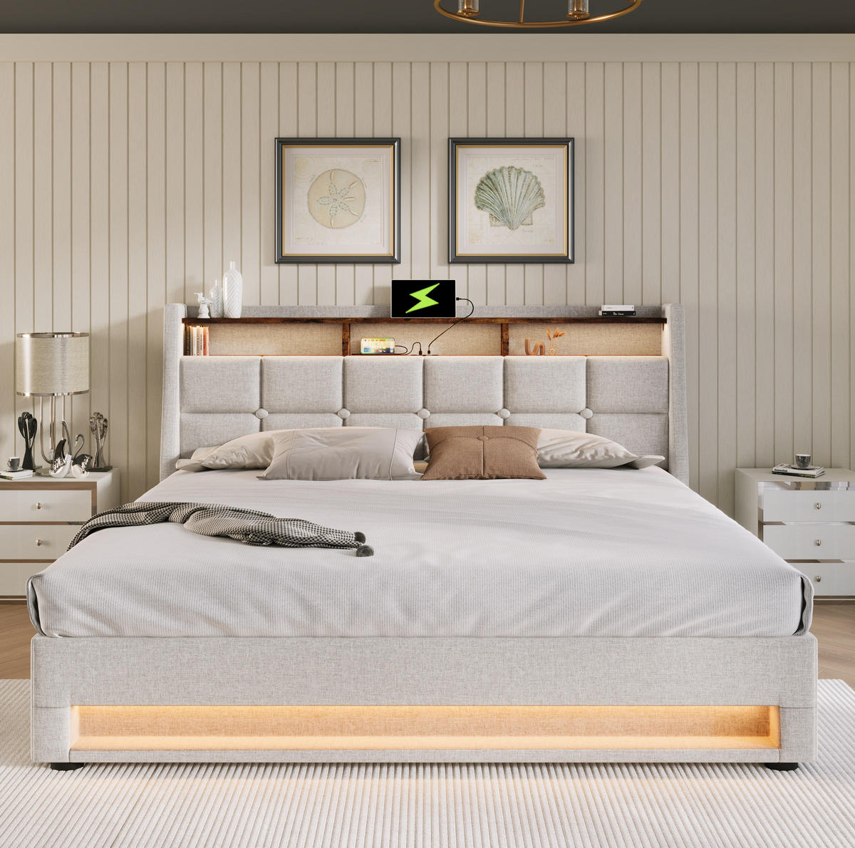 POLSTERBETT mit Stauraum, USB und LED 180x200 cm Beige - Beige, Metall (180/200cm) - Meubliv