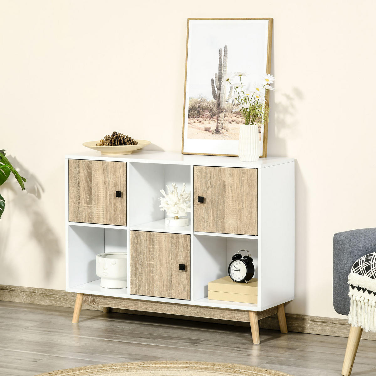SIDEBOARD DE-11014 9 Würfel mit 3 Türen Weiß/Naturholz - Naturfarben, Holzwerkstoff (96/75/30cm) - ComfortXL