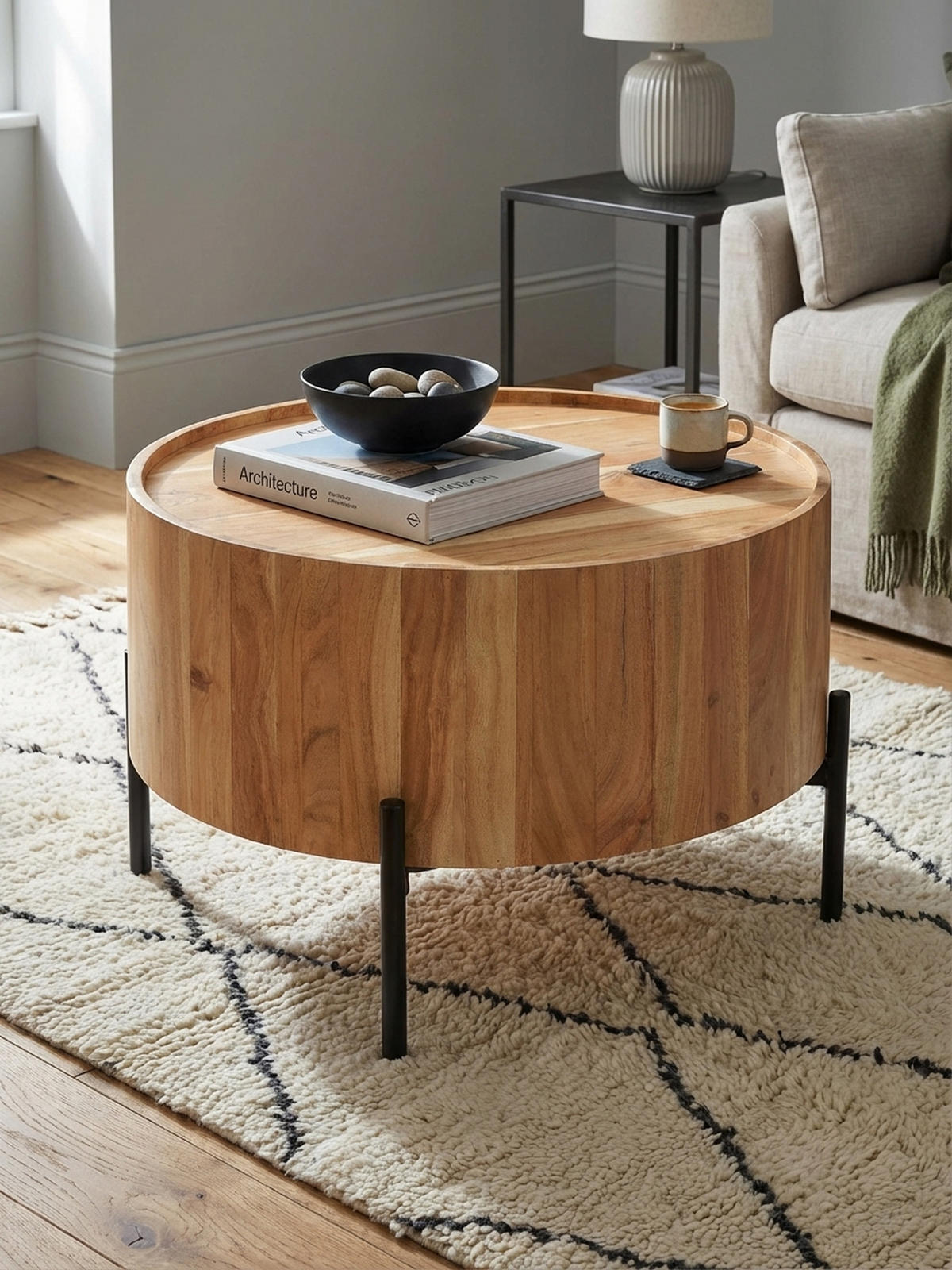 COUCHTISCH Akazie Massivholz Rund 60x60x41cm Metallgestell Braun/Schwarz - Schwarz/Akaziefarben, Holz/Metall (60/60/41cm) - KADIMA DESIGN