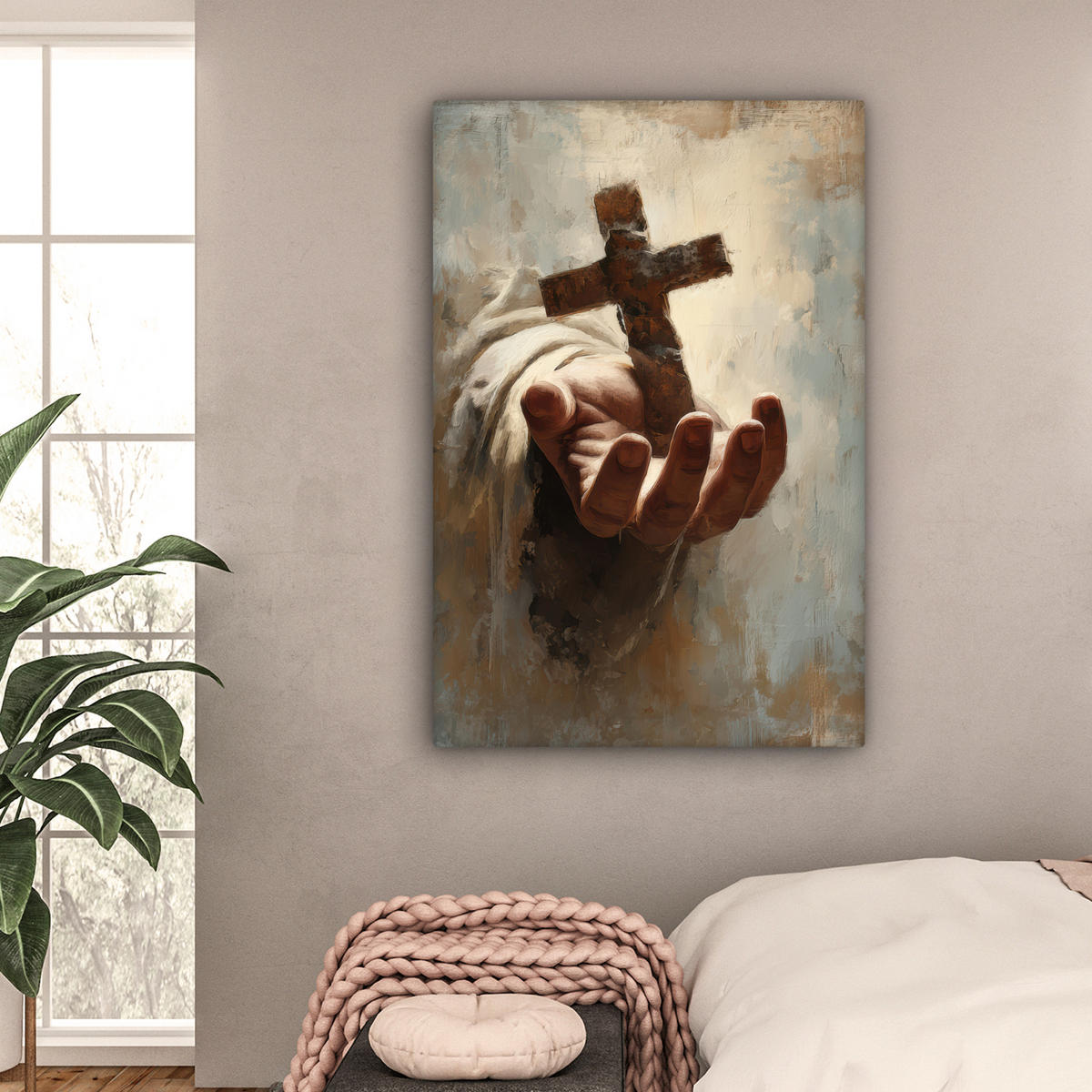 LEINWANDBILD Abstrakt - Kreuz - Hand - Christentum Deko Groß 90x140 cm - Hellbraun, Textil (90/140cm) - MuchoWow