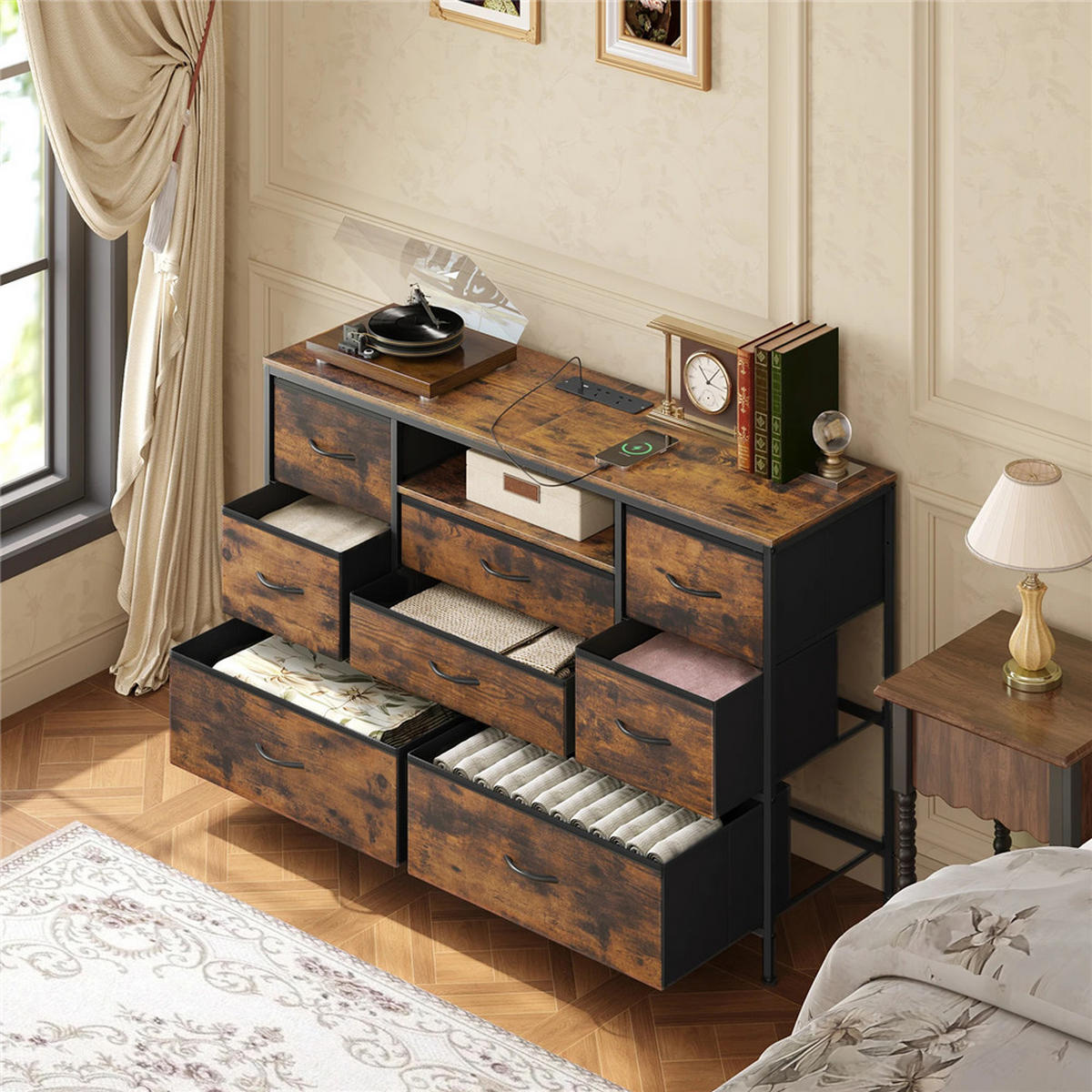 KOMMODE 8 Schubladen mit USB Steckdose Sideboard 120x75x36 cm - Braun, Metall (120/75/36cm) - Kaket