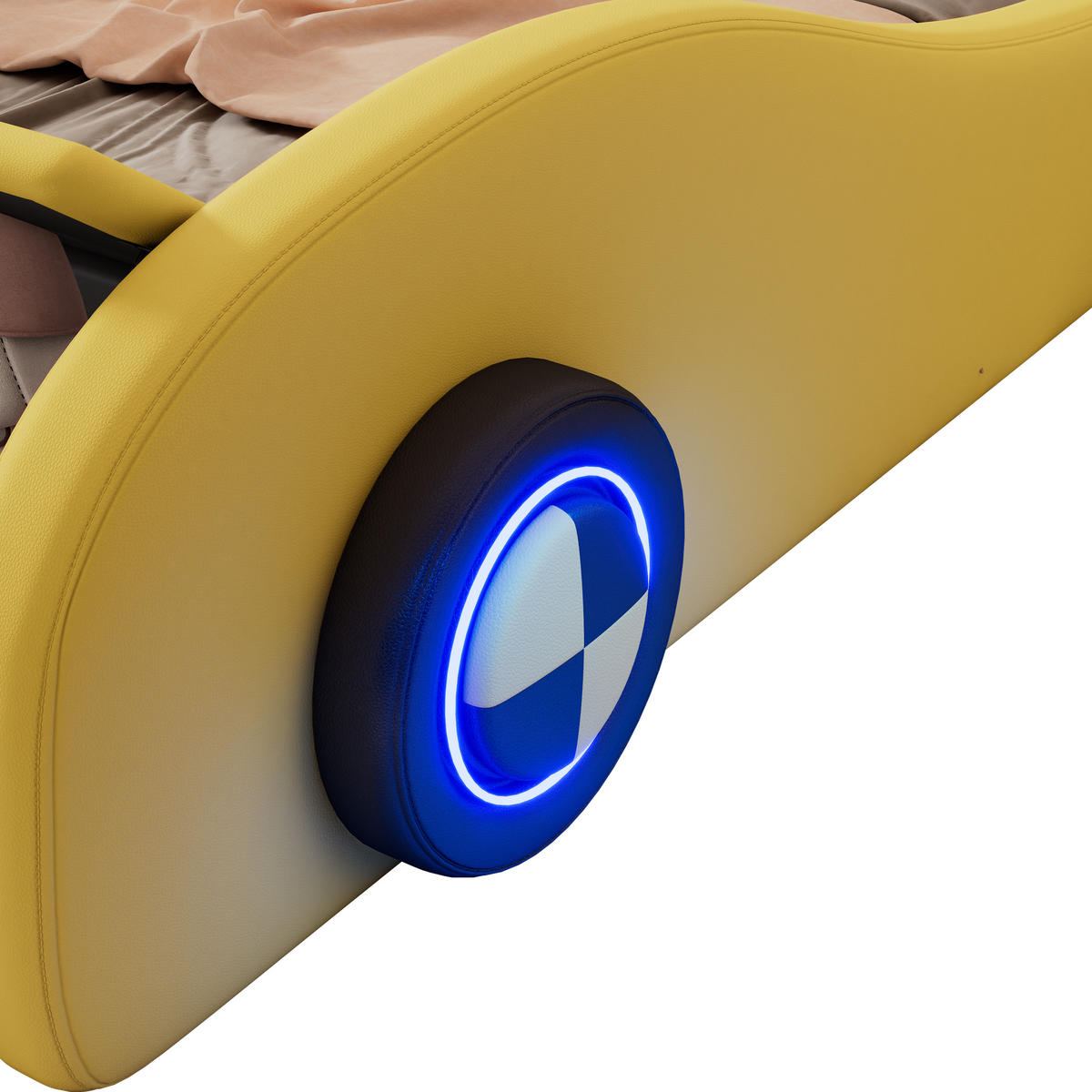 POLSTERBETT 90x200cm Gelb PU Autobett leuchtende Räder Stauraum - Gelb, Holz - FLIEKS