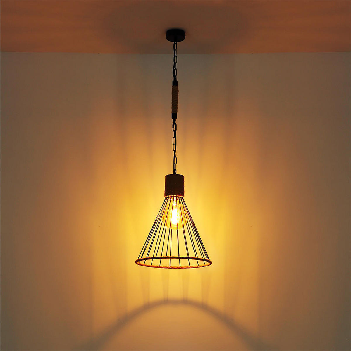 LED HÄNGELEUCHTE Hanfseil Schwarz - Schwarz, Metall (35/35/140cm) - Globo Lighting