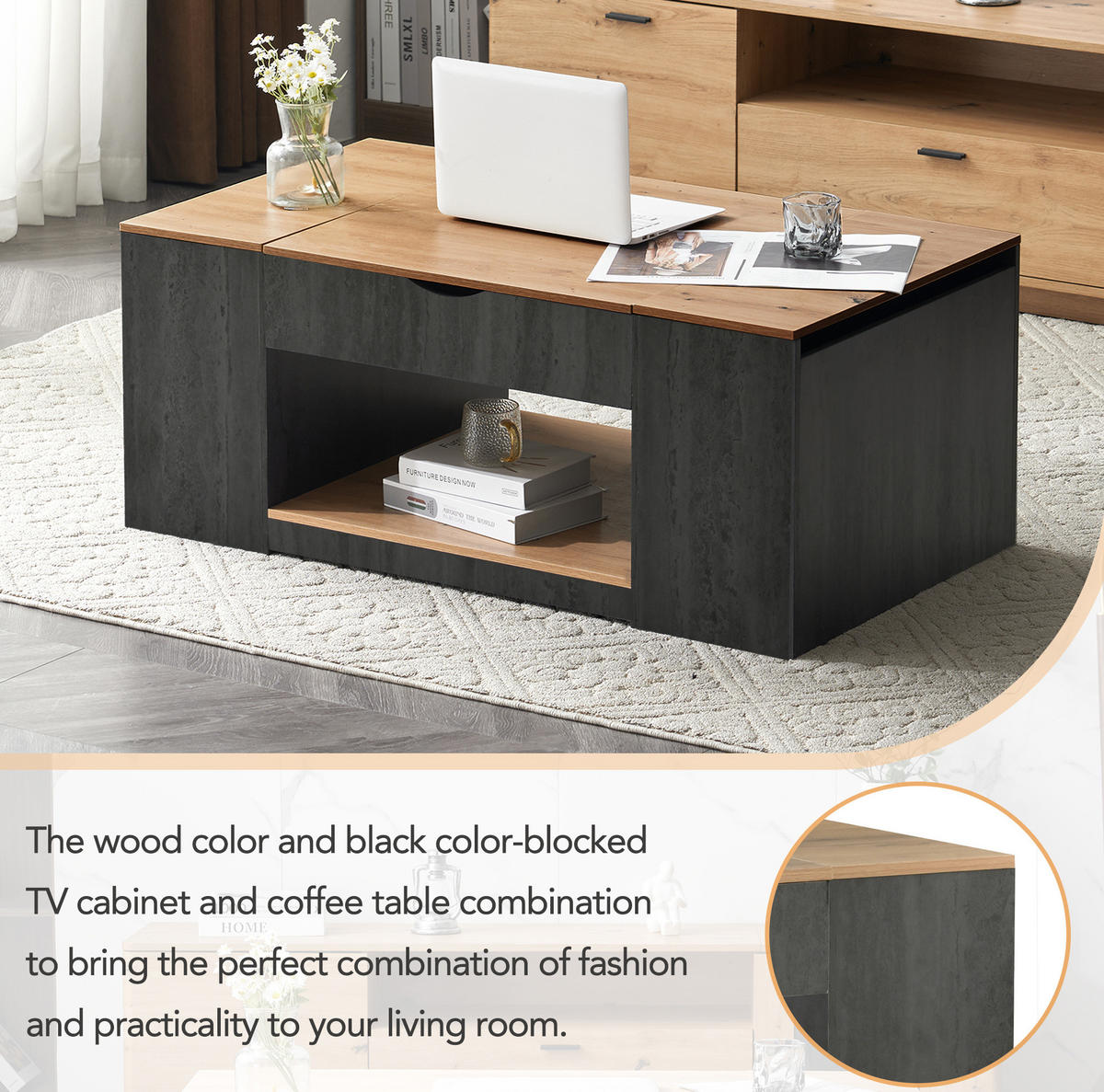 COUCHTISCH 109,5/59,7/43 cm grau braun aus Holzwerkstoff mit Liftfunktion und Stauraum - Grau, Holzwerkstoff (109.5/59.7/43cm) - OKWISH