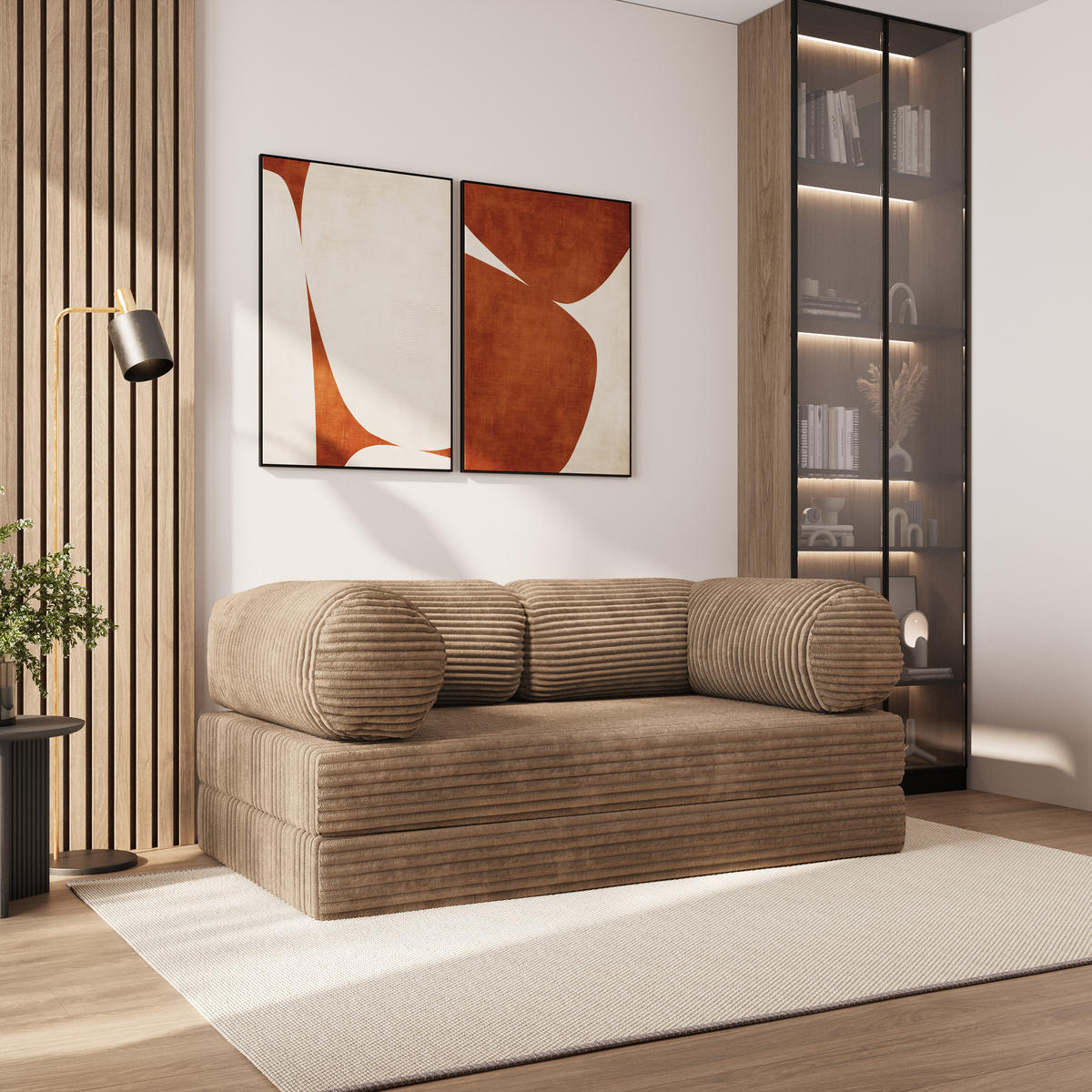 BETTSOFA ALVIO aus Schaumstoff Cordstoff Beige Schlaffunktion - Beige, Textil (170/68/80cm) - MASSENO