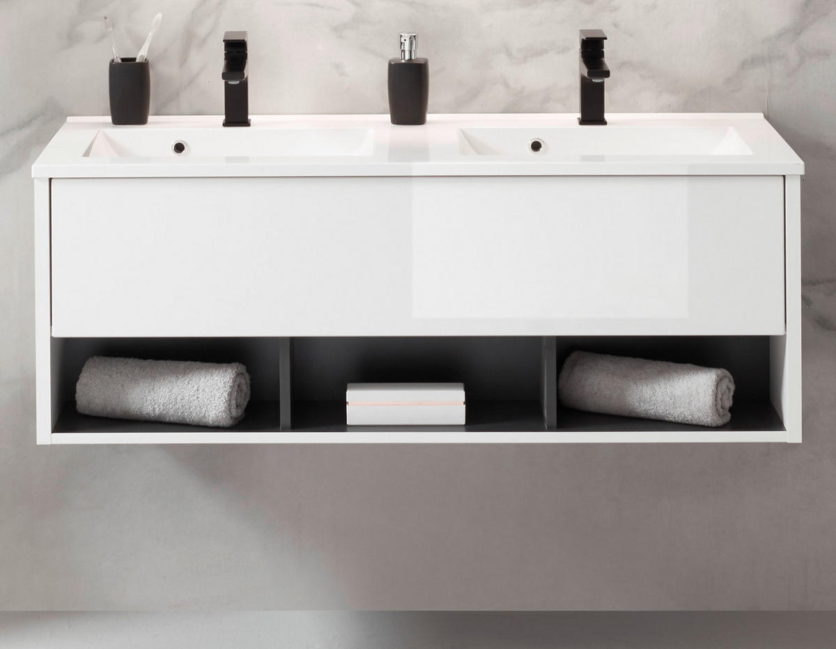 WASCHBECKENUNTERSCHRANK MIT Doppelwaschbecken in weiß Hochglanz und grau 120 cm Glide - Weiß Hochglanz/Grau, Holzwerkstoff/Metall (120/44/47cm) - Furn.Design