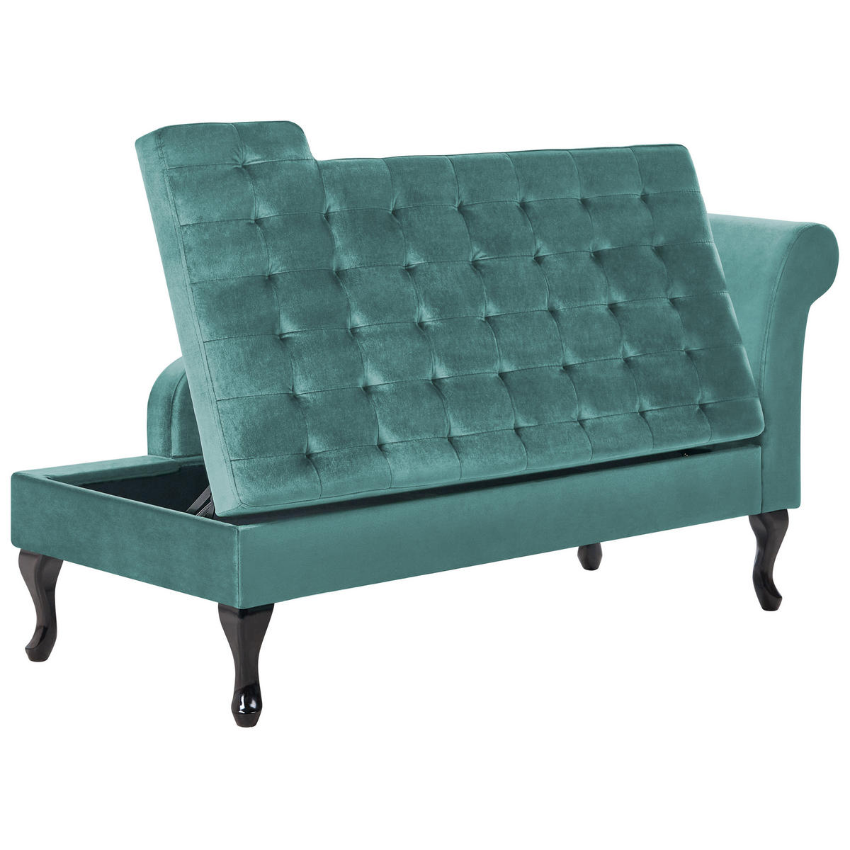 CHAISELONGUE Samtstoff blaugrün mit Bettkasten rechtsseitig Pessac - Blau/Schwarz, Textil (145/71/62cm) - Beliani