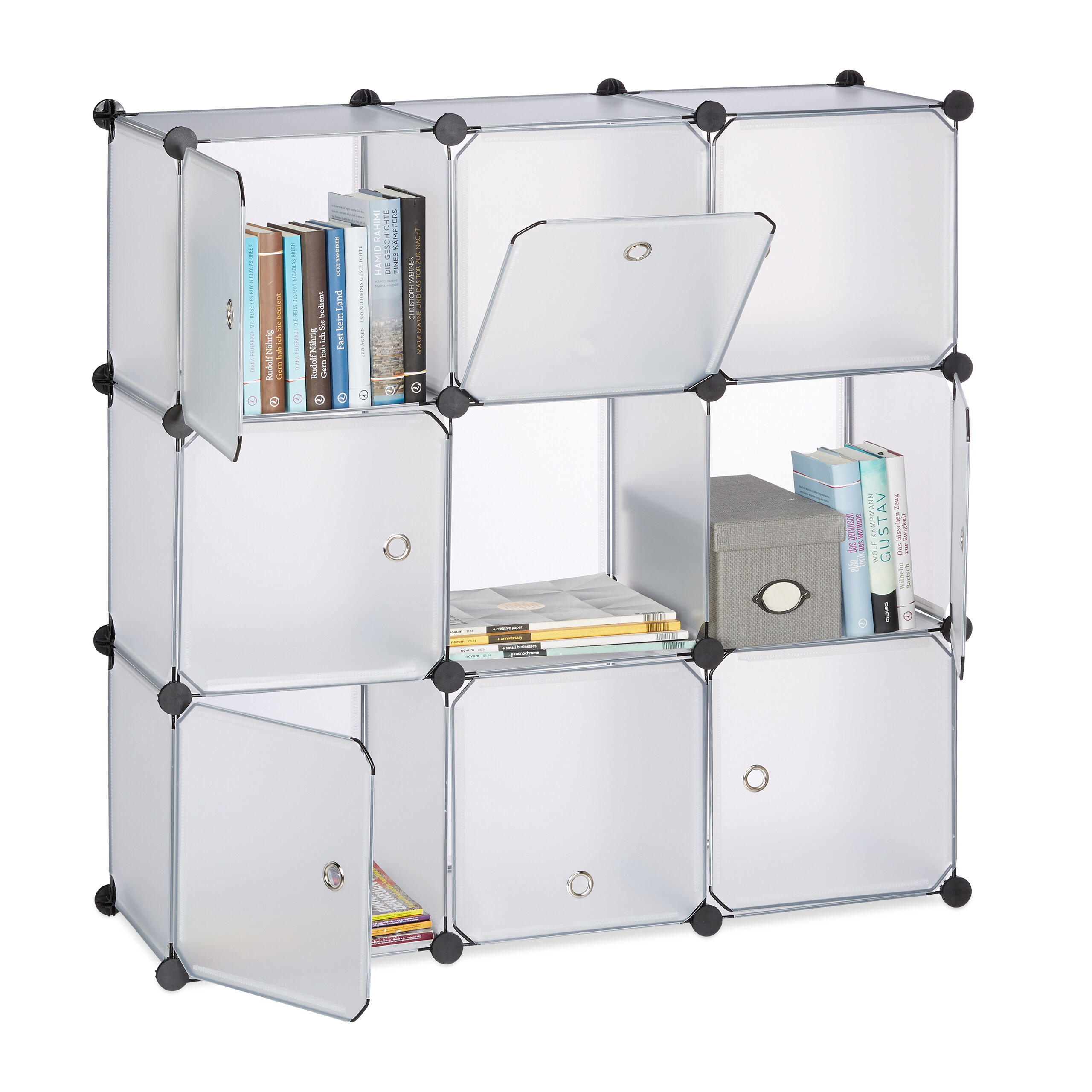 REGÁL transparentný 9 priehradiek s dvierkami 95,5 cm - priehľadné, kov/plast (95.5/95.5/32cm) - Relaxdays
