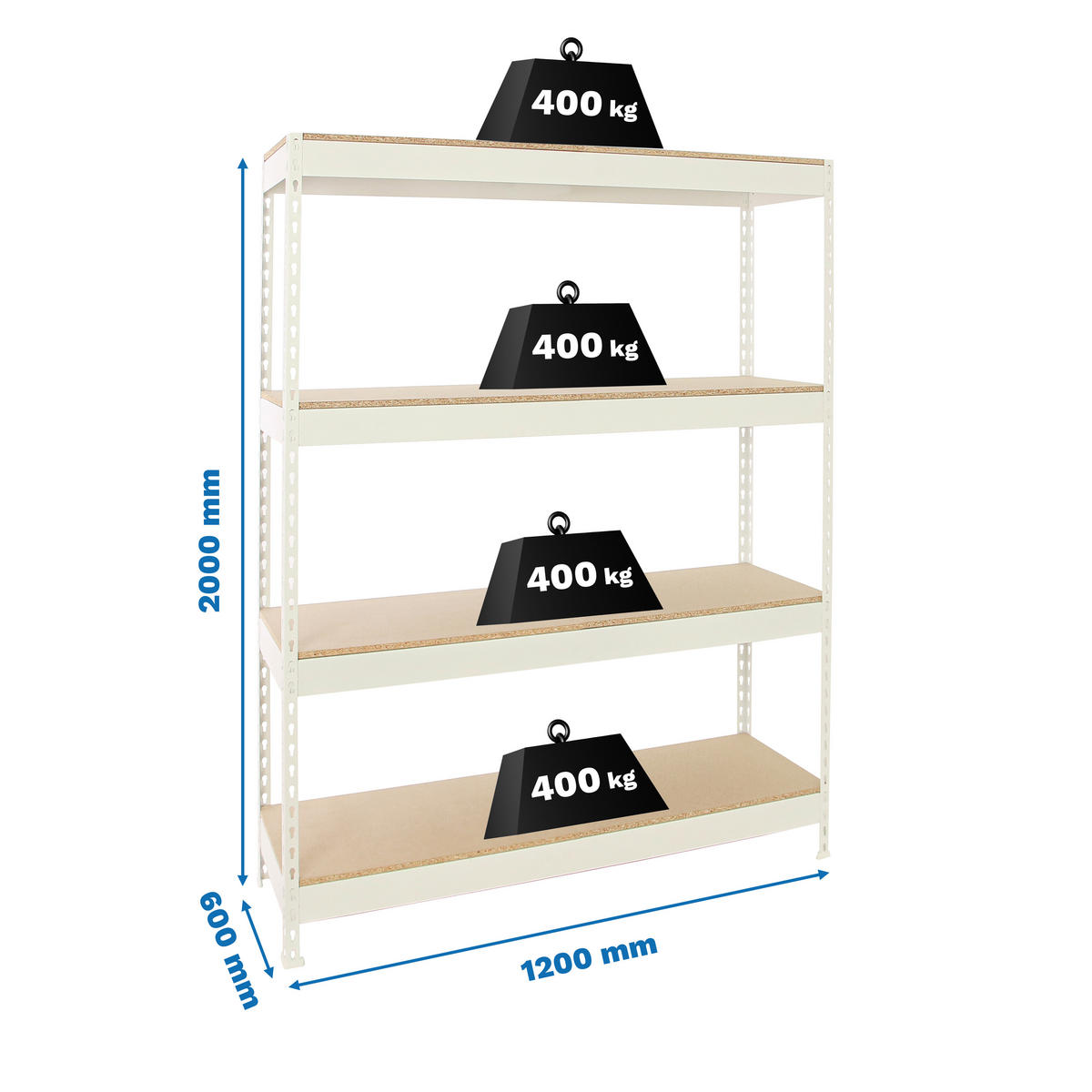 SCHWERLASTREGAL Big Wood Yeti Four HxBxT 200 x 120 x 60 cm Fachlast 400 kg Weiß - Weiß, Metall (120/200/60cm) - PROREGAL
