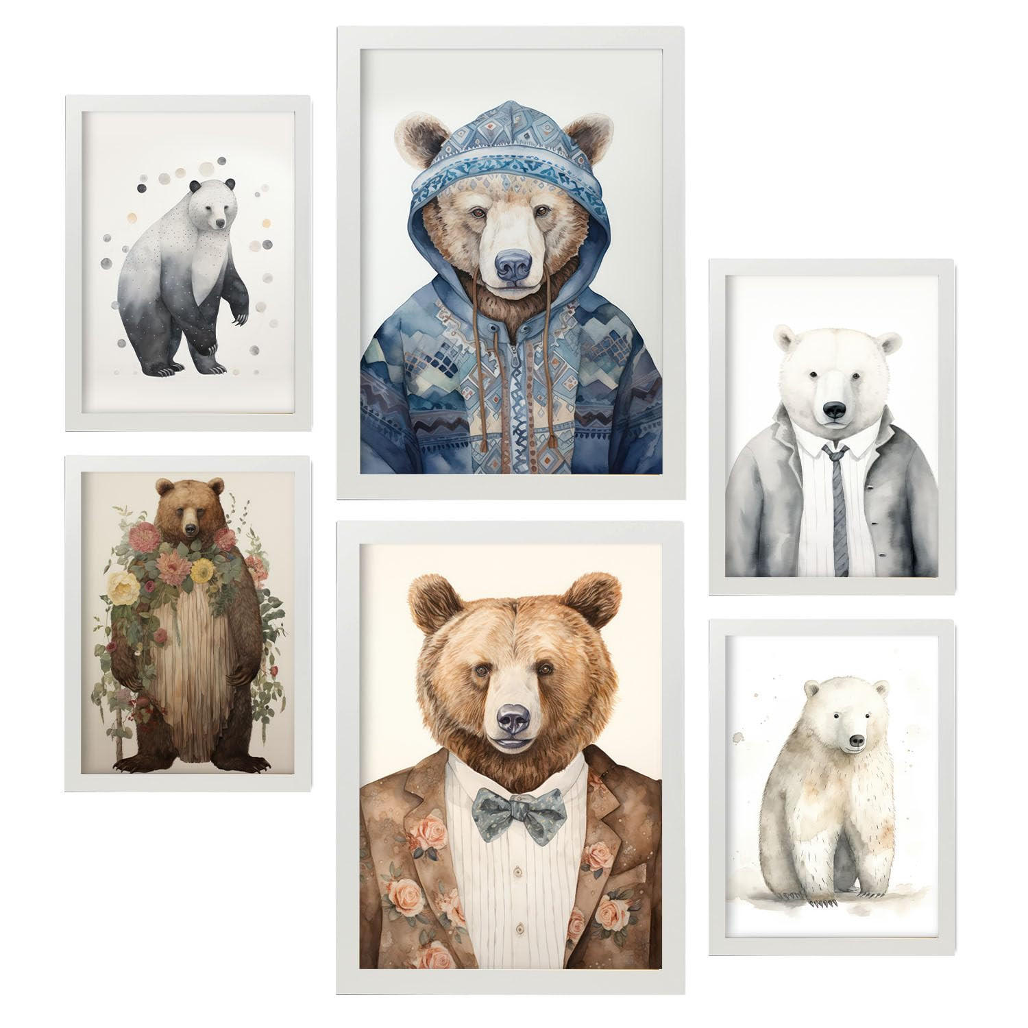 POSTER Set Mit 6 Bärenanzüge A3 & A4 Weißer Rahmen - Weiß, Papier (29/3cm) - Nacnic