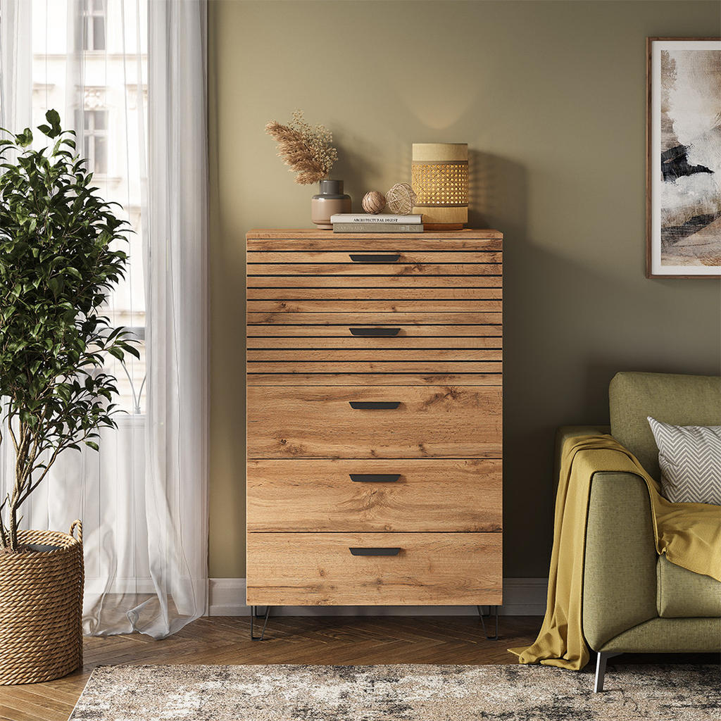 Thumbnail - Vicco Kommode, Eiche Wotan, Schwarz, Holzwerkstoff, 5 Schubladen, Rechteckig, 80x127.6x38 cm, Wohnzimmer, Kommoden & Sid...