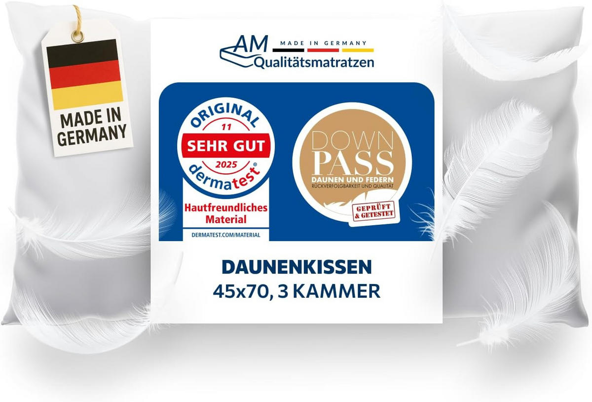 DAUNENKISSEN 45x75 im 3-Kammer-System Made in Germany & DOWNPASS Zertfiziert - Weiß, Textil (45/70cm) - AM Qualitätsmatratzen