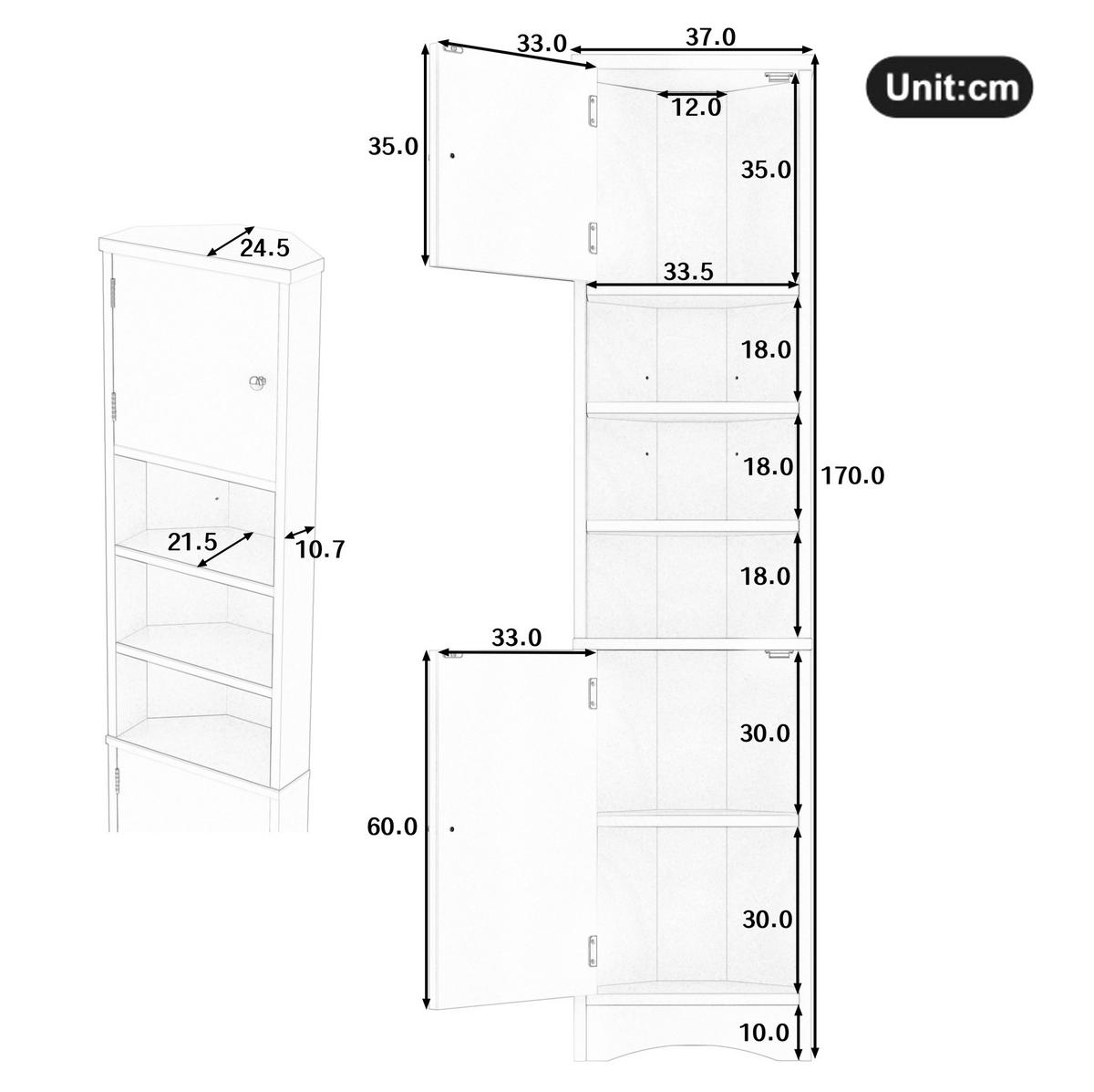 ECKSCHRANK 36.5x24.5x170cm in Grau, mit 2 Türen & verstellbaren Regalen - Grau, Holzwerkstoff (24.5/170/36.5cm) - Modfu