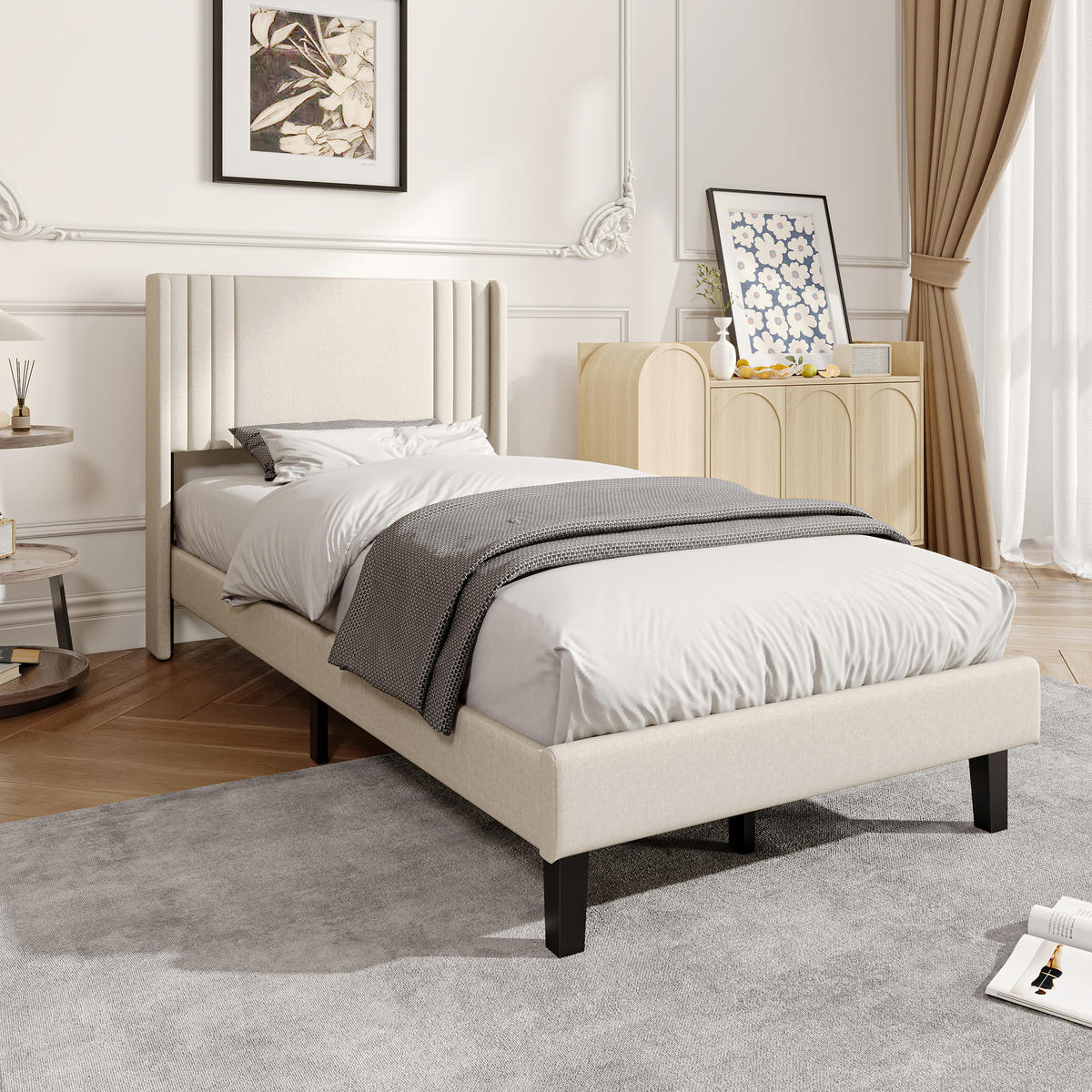 POLSTERBETT 90x200 cm Einzelbett mit Lattenrost, Leinenstoff Beige - Beige, Metall (90/200cm) - EuroLiving