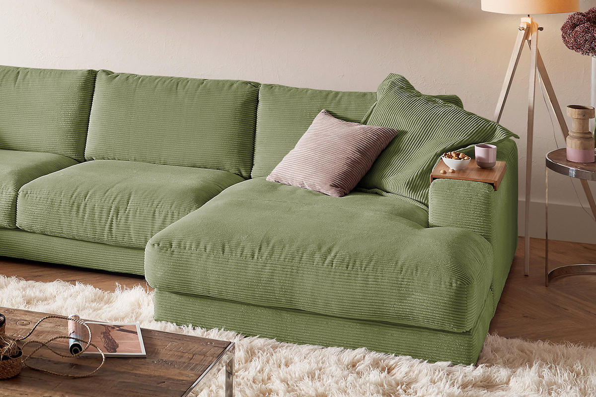 WOHNLANDSCHAFT MADELINE Dunkelgrün Cord - Dunkelgrün/Schwarz, Kunststoff/Textil (425/86/224cm) - KAWOLA