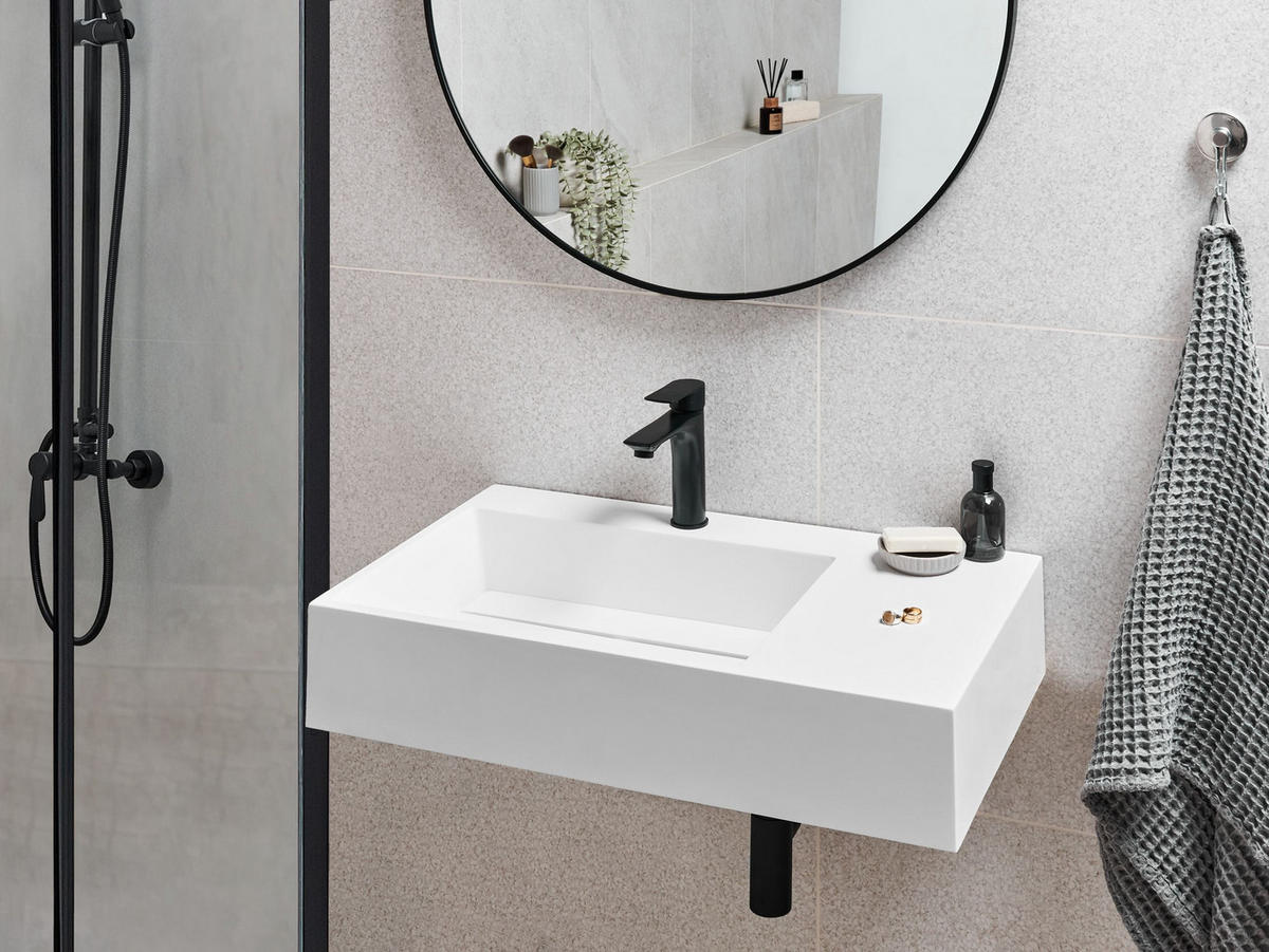 HÄNGEWASCHBECKEN Weiß 75/43 cm Mineralguss Cusco - Weiß, Naturmaterialien (75/15/43cm) - Beliani