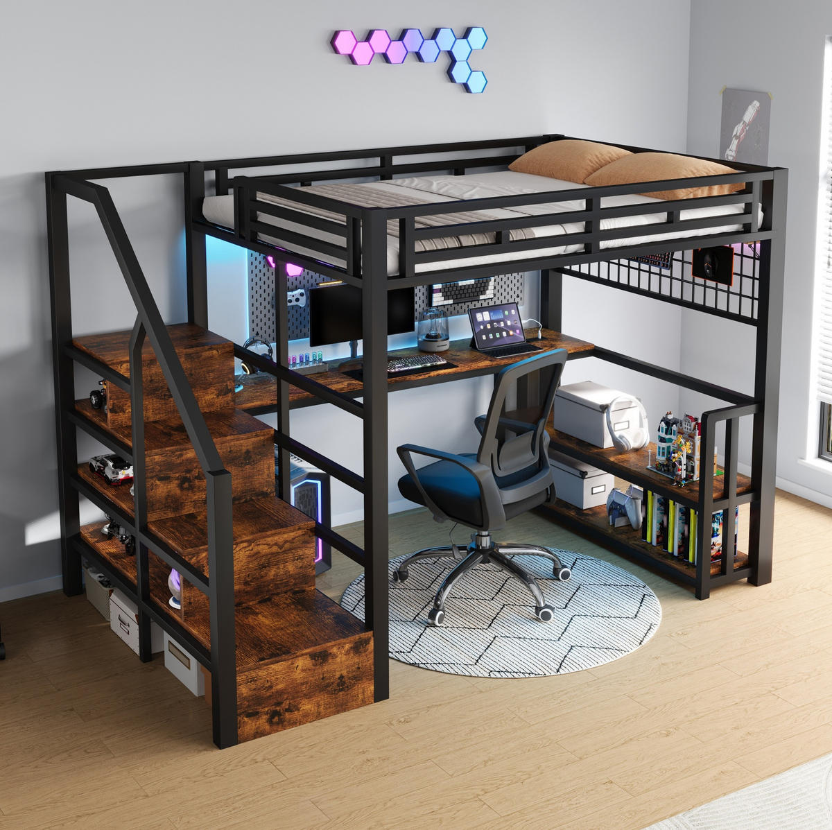 HOCHBETT aus Metall und MDF 140x200 cm Schwarz mit LED-Lichtleiste, Schreibtisch, Stauraum und USB/Typ-C-Anschlüssen - Schwarz, Metall (140/200cm) - Modfu