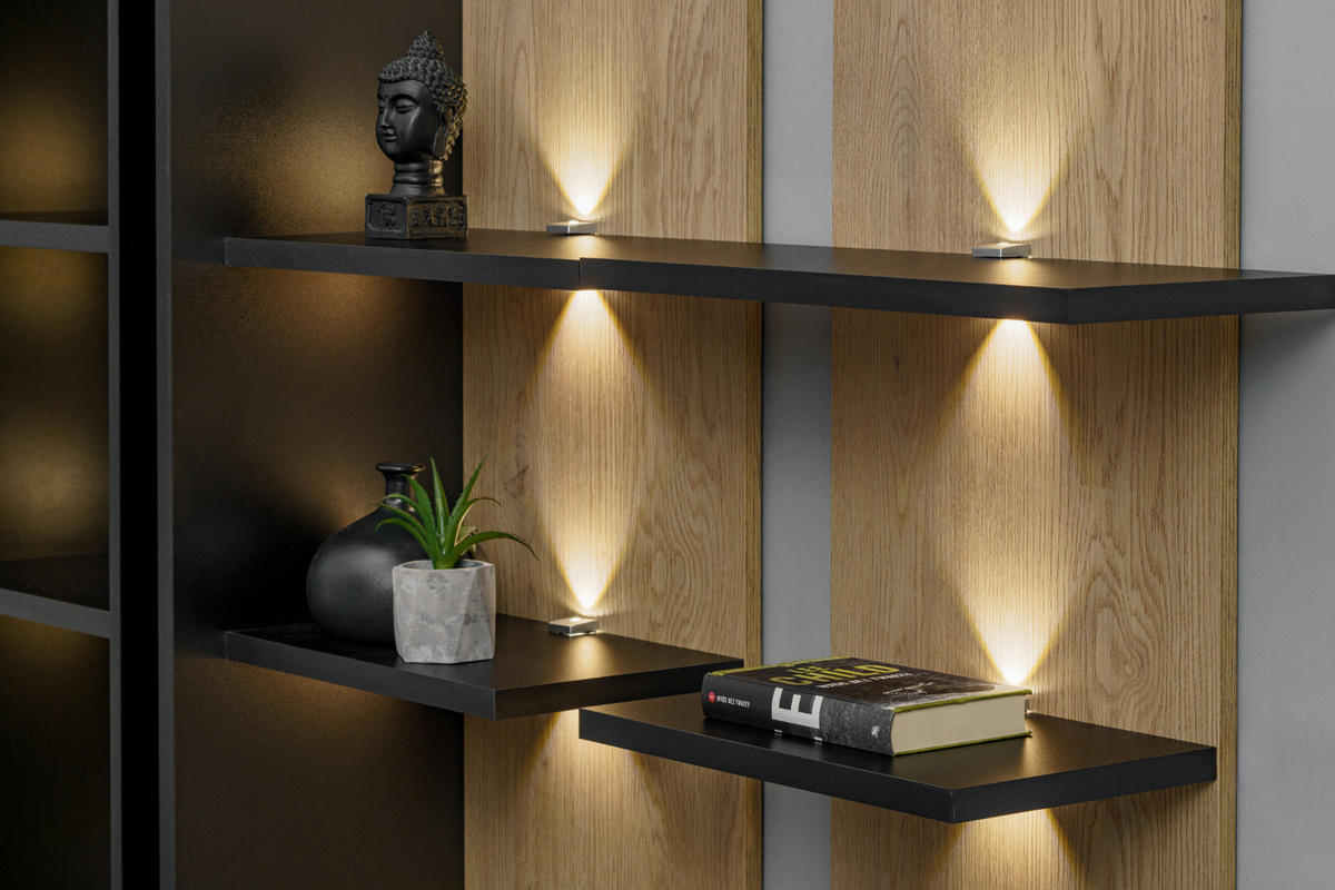 WOHNWAND Schwarz mit Vicking Eiche 300 cm, 6-teilig, inklusive LED und Push-to-Open-Funktion - Eichefarben/Schwarz, Holzwerkstoff (300/160/45cm) - Inn.Furn