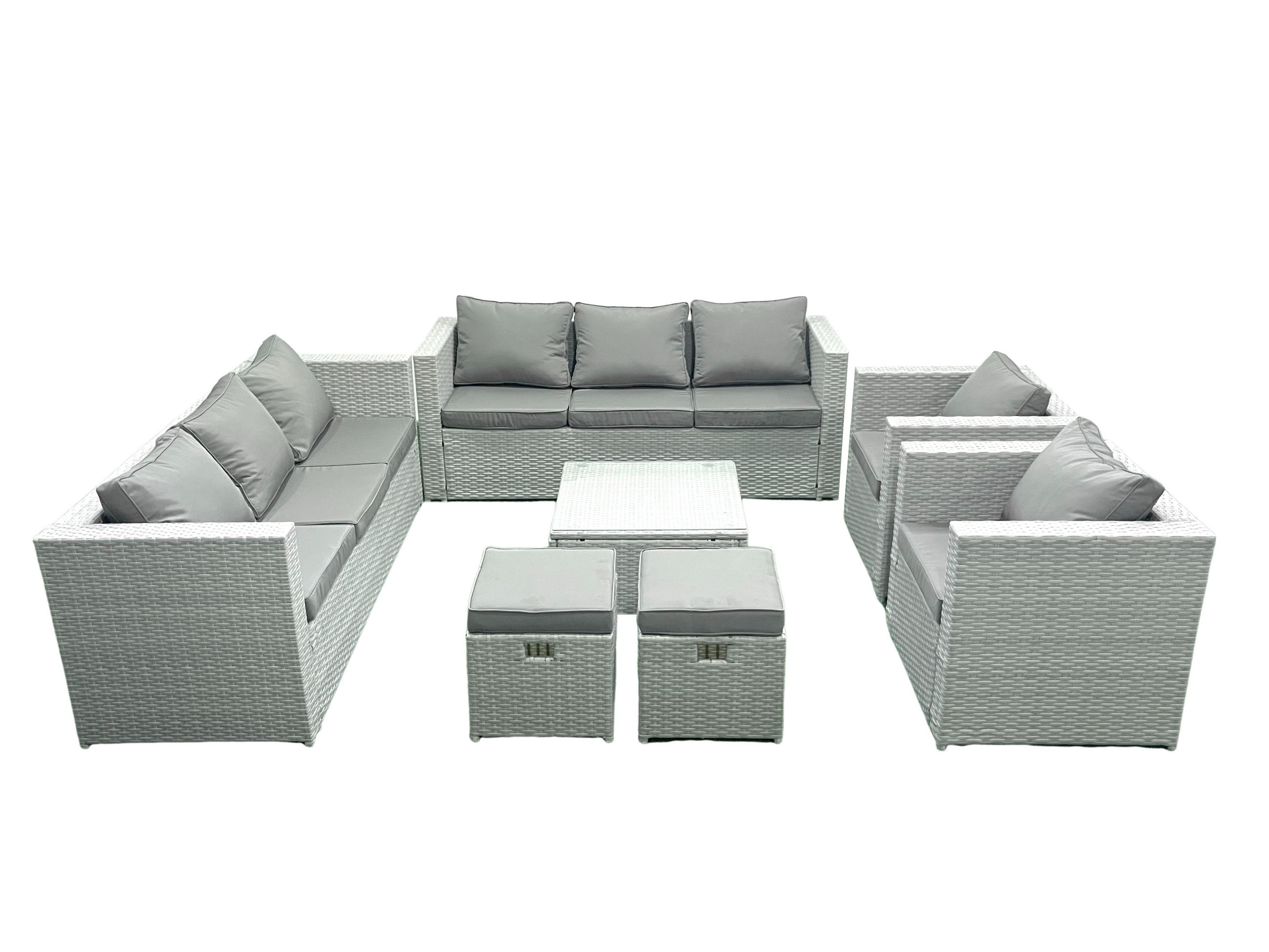 GARTENMÖBEL-SET mit Kissen Polyrattan Hellgrau-Mix 10-Sitzer - Hellgrau/Grau, Glas/Kunststoff - Fimous