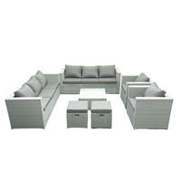 GARTENMÖBEL-SET mit Kissen Polyrattan Hellgrau-Mix 10-Sitzer - Hellgrau/Grau, Glas/Kunststoff - Fimous