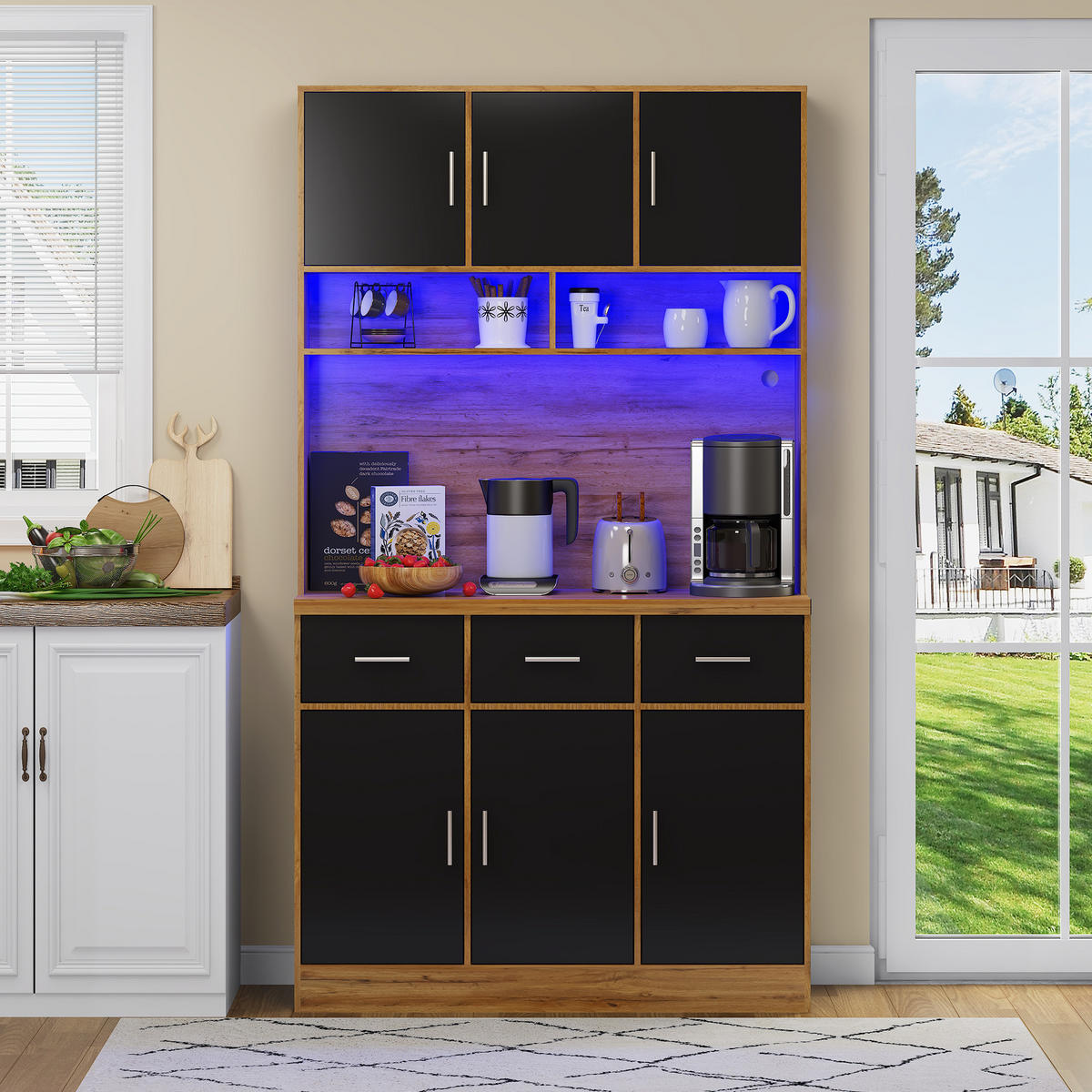 BUFFET 100/40/180 cm Schwarz mit LED-Beleuchtung mit APP-Steuerung und 3 Schubladen - Schwarz, Holz (100/180/40cm) - Oxeza