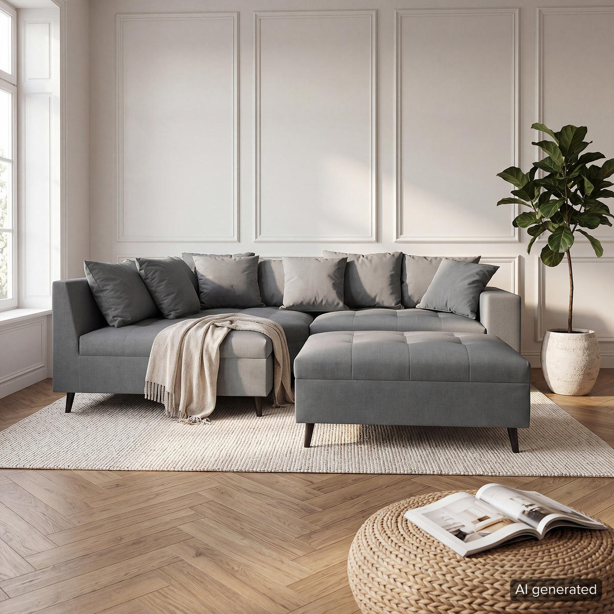 ECKSOFA mit Hocker - Anthrazit, Holz/Birkenholz (247/174cm) - home24