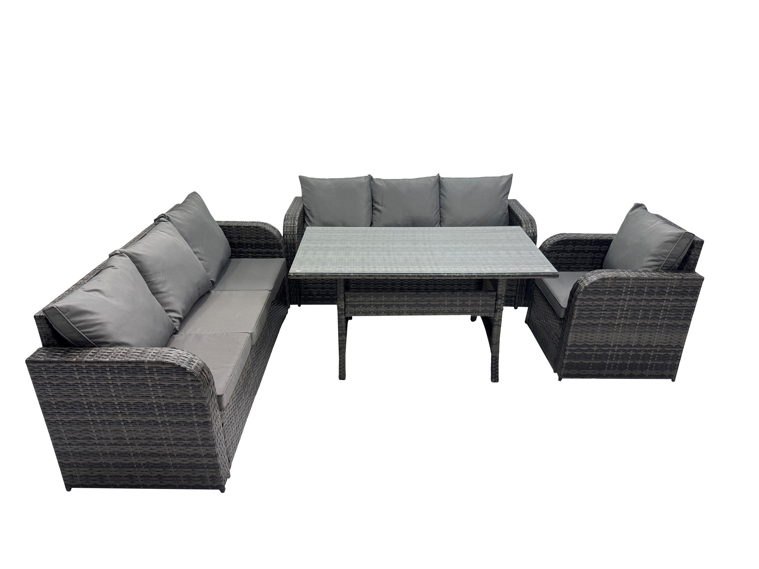 GARTENGARNITUR mit Liegestuhl,3-Sitzer Sofa,2 Hockern Polyrattan Dunkelgrau 7-Sitzer - Dunkelgrau/Grau, Glas/Kunststoff - Fimous