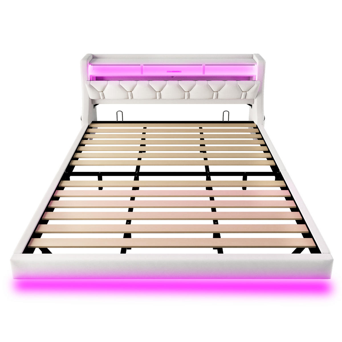 POLSTERBETT 180/200 cm in Beige mit LED, USB, Type-C und Ablage Samt - Beige, Holzwerkstoff/Textil (180/200cm) - STILVORA