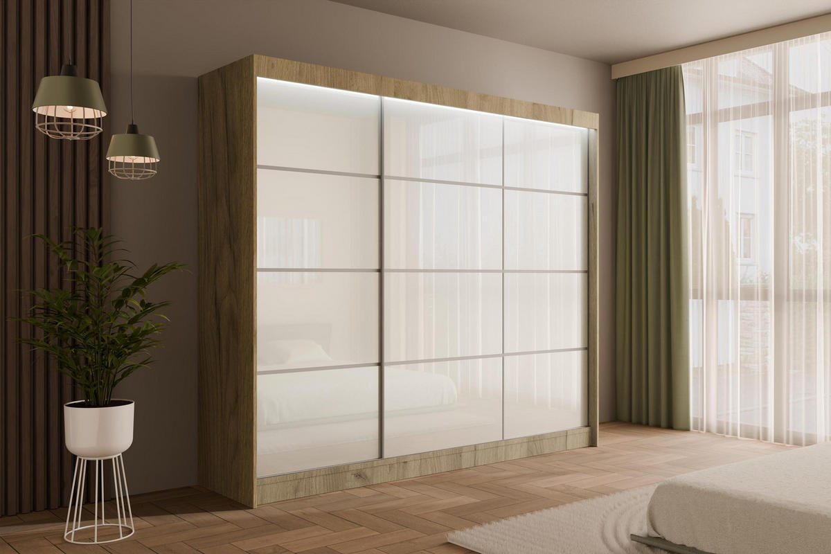 KLEIDERSCHRANK PEKA III mit LED - 250 cm - Braun|Weiß - Braun/Weiß, Holzwerkstoff (250/215/61cm) - ALTDECOR