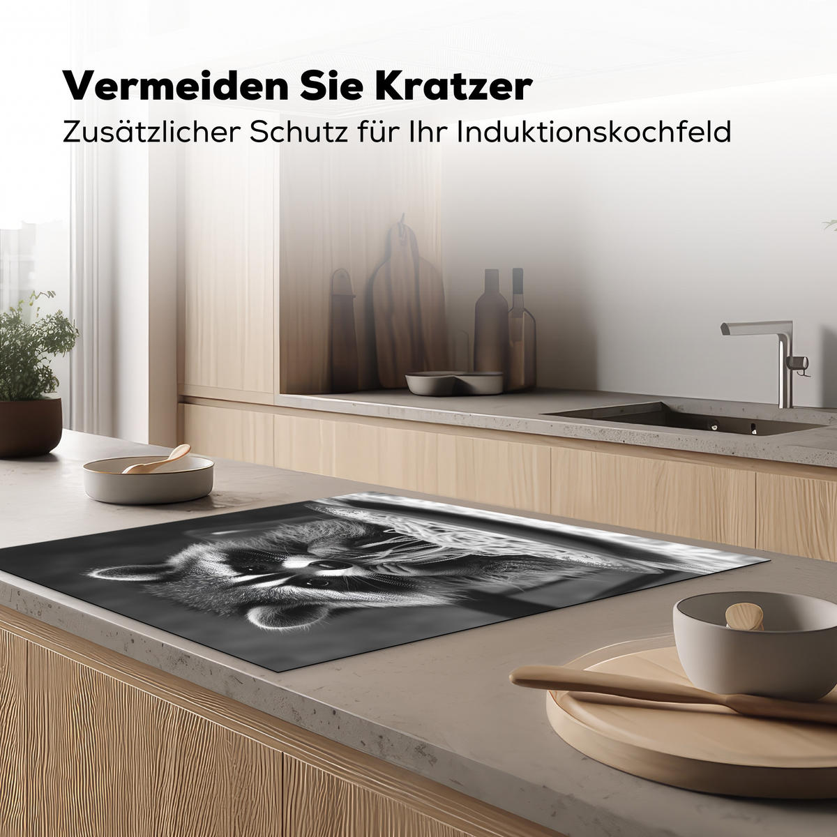 HERDABDECKPLATTE Waschbär - Niedlich - Pasta - Tischtuch - Schwarz - Weiß Induktionsmatte 78x78 cm - Grau, Kunststoff (78/78/0.2cm) - MuchoWow