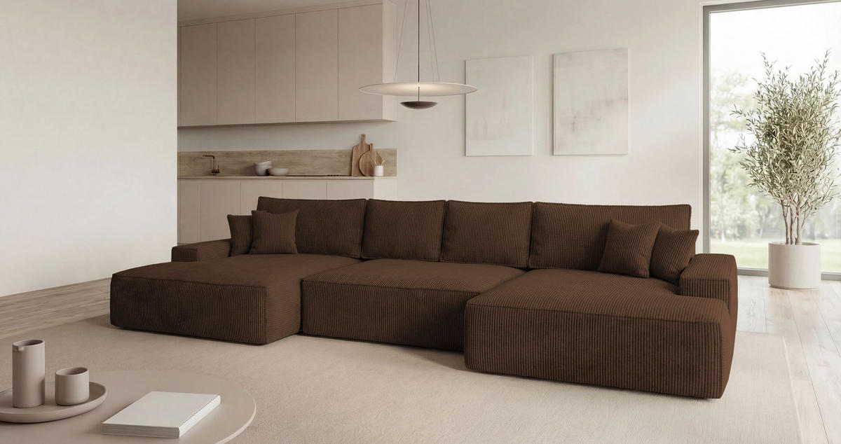 WOHNLANDSCHAFT VERONA U-Form braun Cord Poso 6 - Schlaffunktion, Bettkasten - Braun, Textil (385/86/185cm) - Cornero