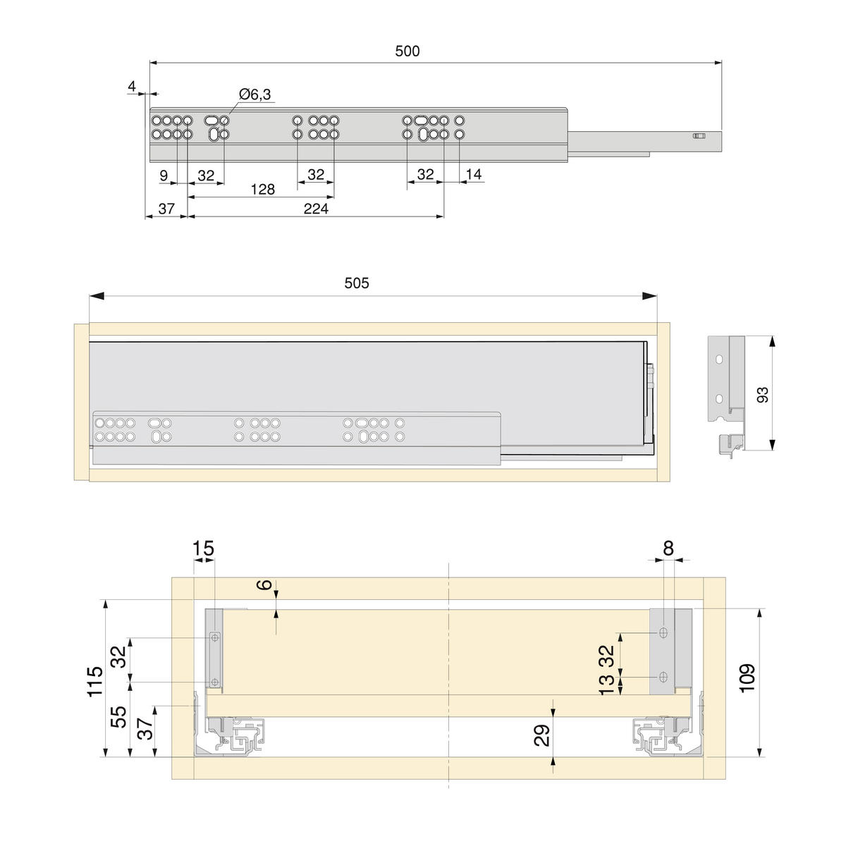 SCHUBLADEGARNITUR Vertex für Küche oder Badezimmer, 93 mm hoch, mit Einlegeböden, Modul 450 mm, Anthrazitgrau - Anthrazit, Metall (43.5/8/53cm) - EMUCA