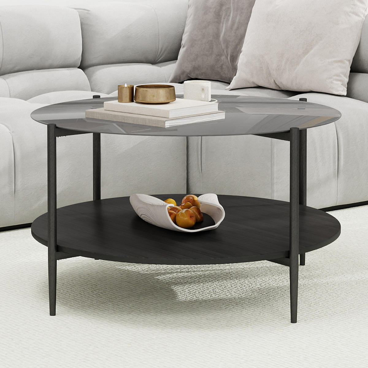 COUCHTISCH DE-37287 rund mit Glasplatte und zweistufigem Design Schwarz - Schwarz, Metall (82/82/45cm) - ComfortXL