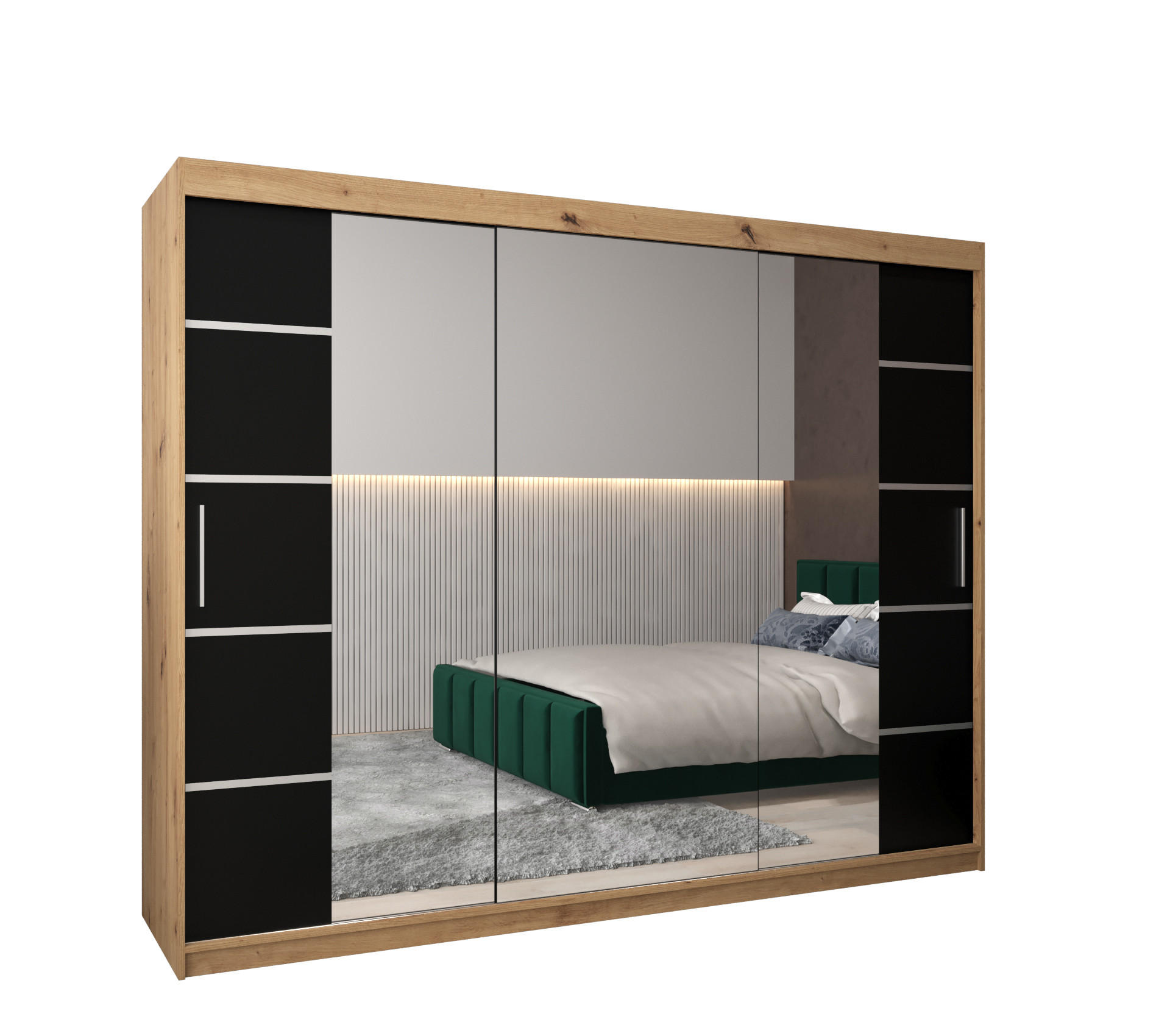 Abiks Möbel Schwebetürenschrank Eiche Artisan, Schwarz, Silber 250x200x62 cm
