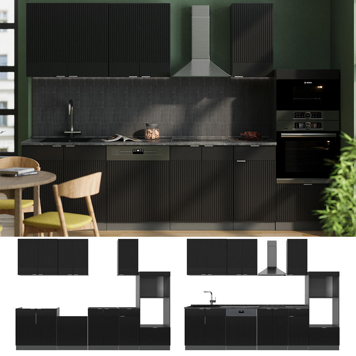 KÜCHENZEILE Fame-Line, Schwarz gestreift/Anthrazit, 300 cm mit Hochschrank, AP Anthrazit - Anthrazit/Schwarz, Holzwerkstoff (300/81.6/60cm) - Vicco