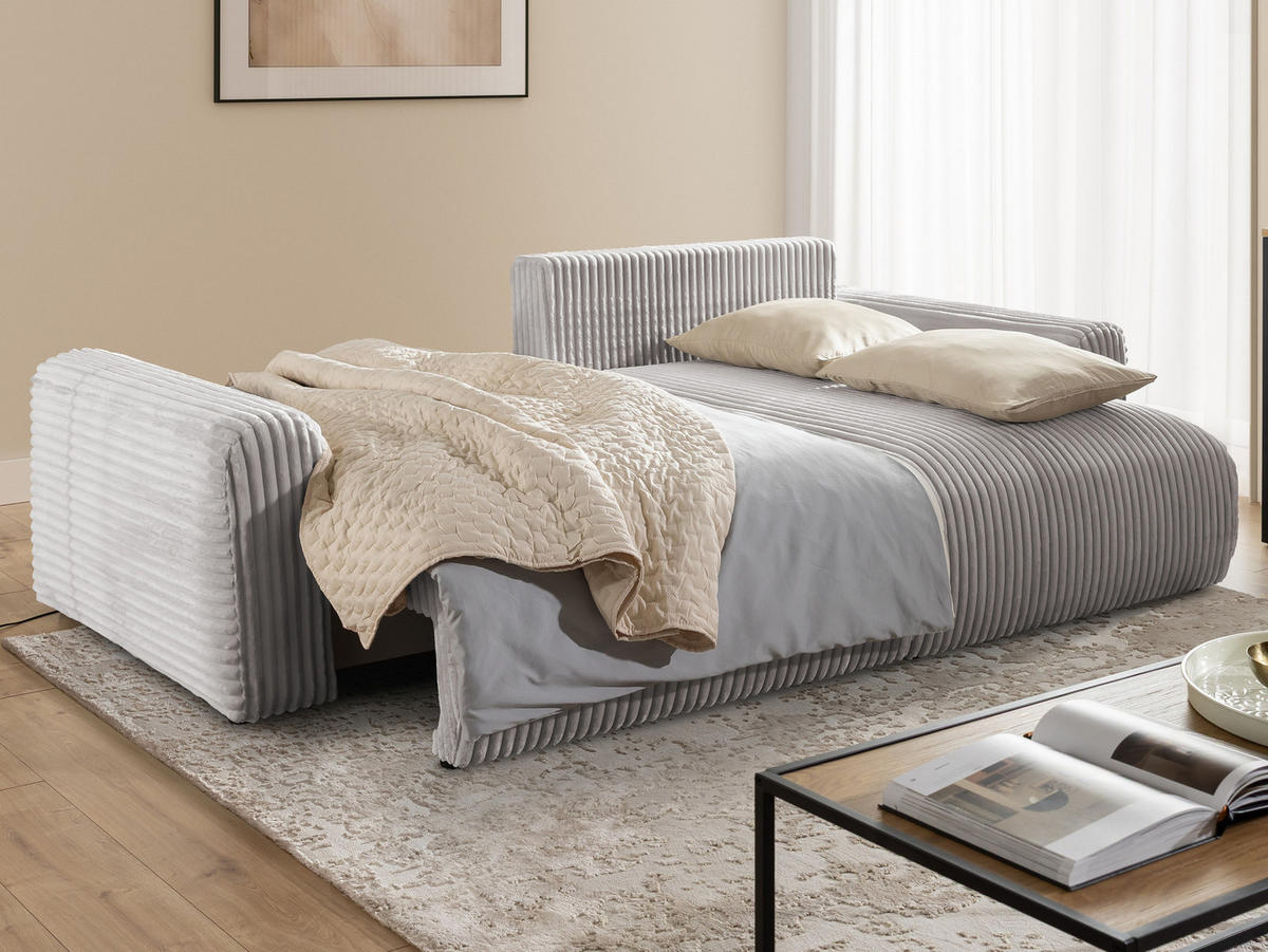 ECKSOFA Calma mit Schlaffunktion und Bettkasten im Bumpy-Design aus weichem Hellgrau Plüschcord - Ottomane rechts - Hellgrau/Schwarz, Holz/Kunststoff (140/239cm) - S-Style