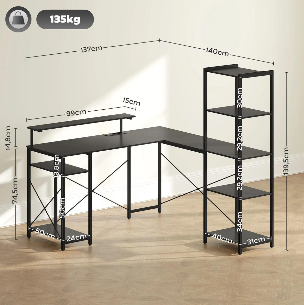 SCHREIBTISCH L-förmig mit Ladestation und Regal Schwarz - Schwarz, Metall (137/140/139.5cm) - Meubliv