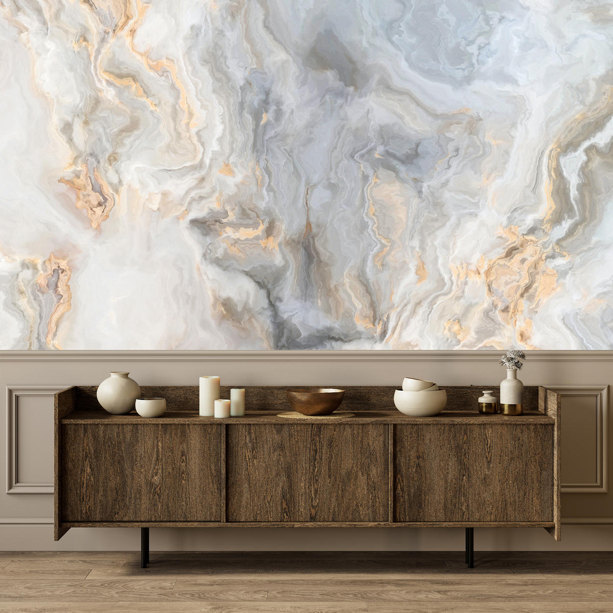 FOTOTAPETA Pre Kuchyňu Sivá Imitácia Mramoru Zlaté Žily 500 x 350 cm - oranžová/sivá, papier (500/350cm) - Muralo