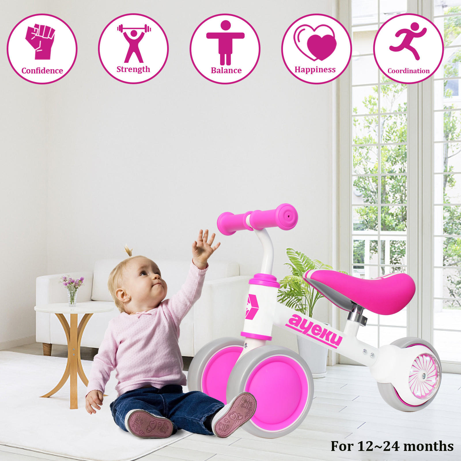 LAUFRAD KINDER LED-Räder verstellbarer Sitz, 1–3 Jahre, 36cm, Rosa - Pink, Metall (51/22/36cm) - Ayeku