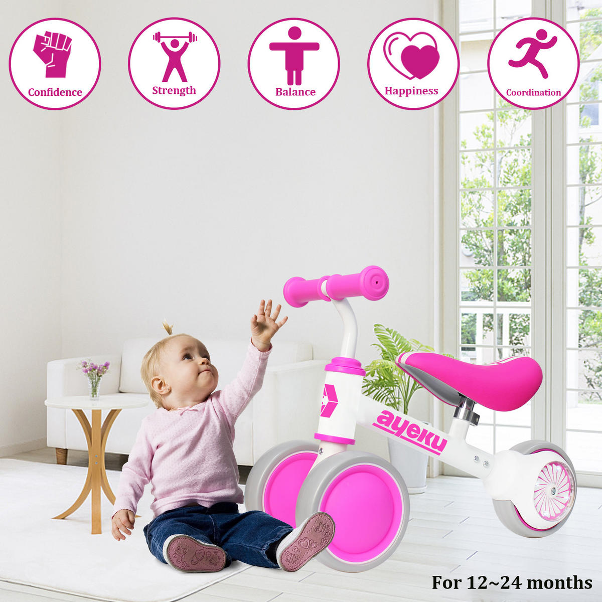 LAUFRAD KINDER LED-Räder verstellbarer Sitz, 1–3 Jahre, 36cm, Rosa - Pink, Metall (51/22/36cm) - Ayeku